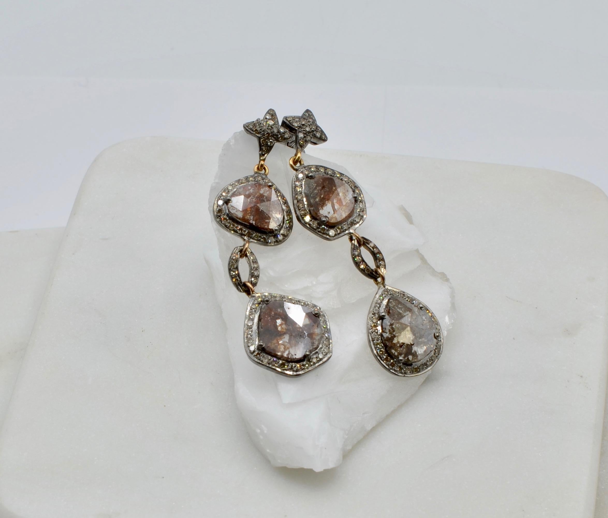 Diamond Cognac Rose Cut 6 Carats Drop Earrings with Silver and 14 Karat Gold In New Condition In Berkeley, CA