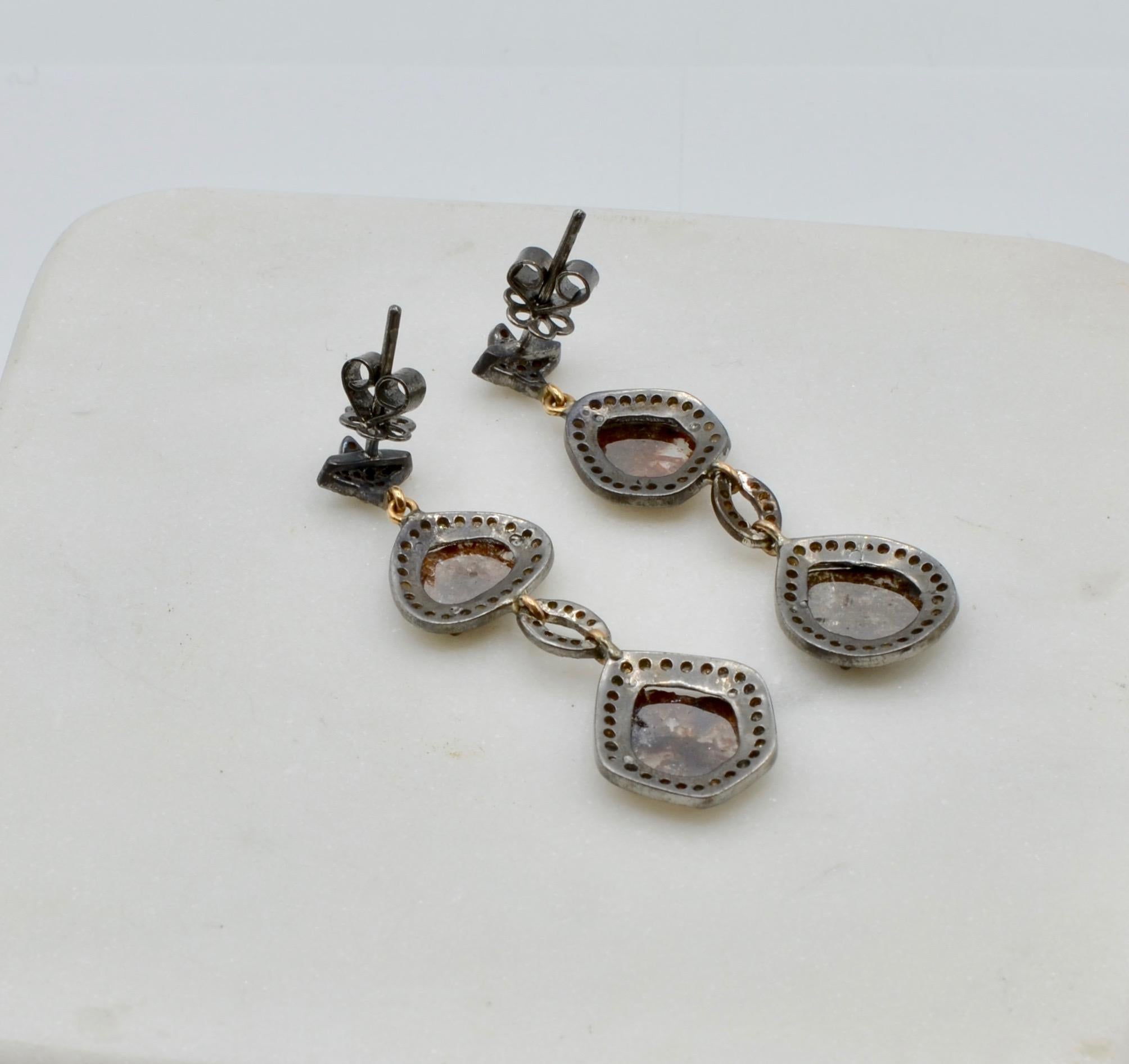 Women's Diamond Cognac Rose Cut 6 Carats Drop Earrings with Silver and 14 Karat Gold
