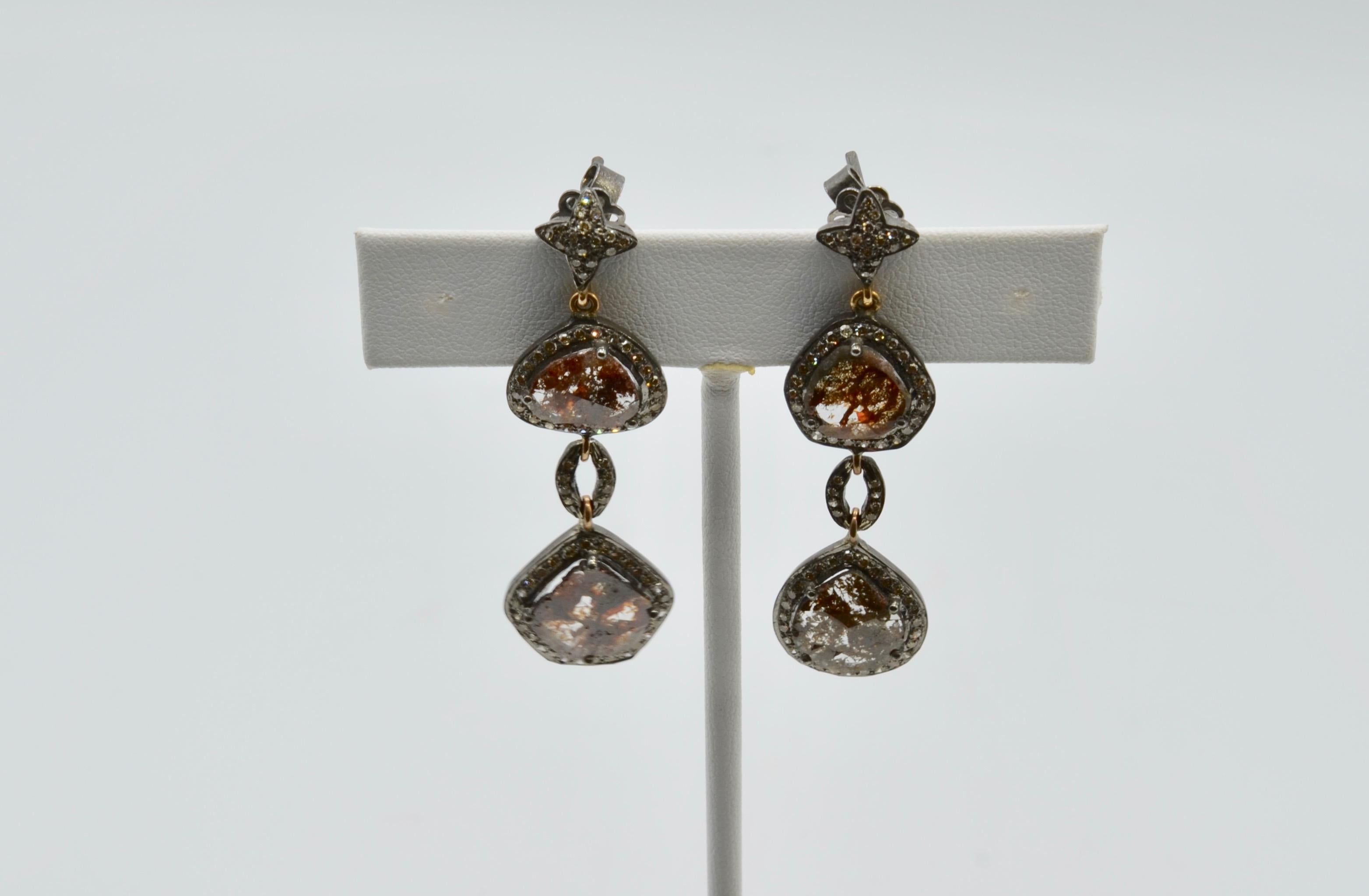 Diamond Cognac Rose Cut 6 Carats Drop Earrings with Silver and 14 Karat Gold 2
