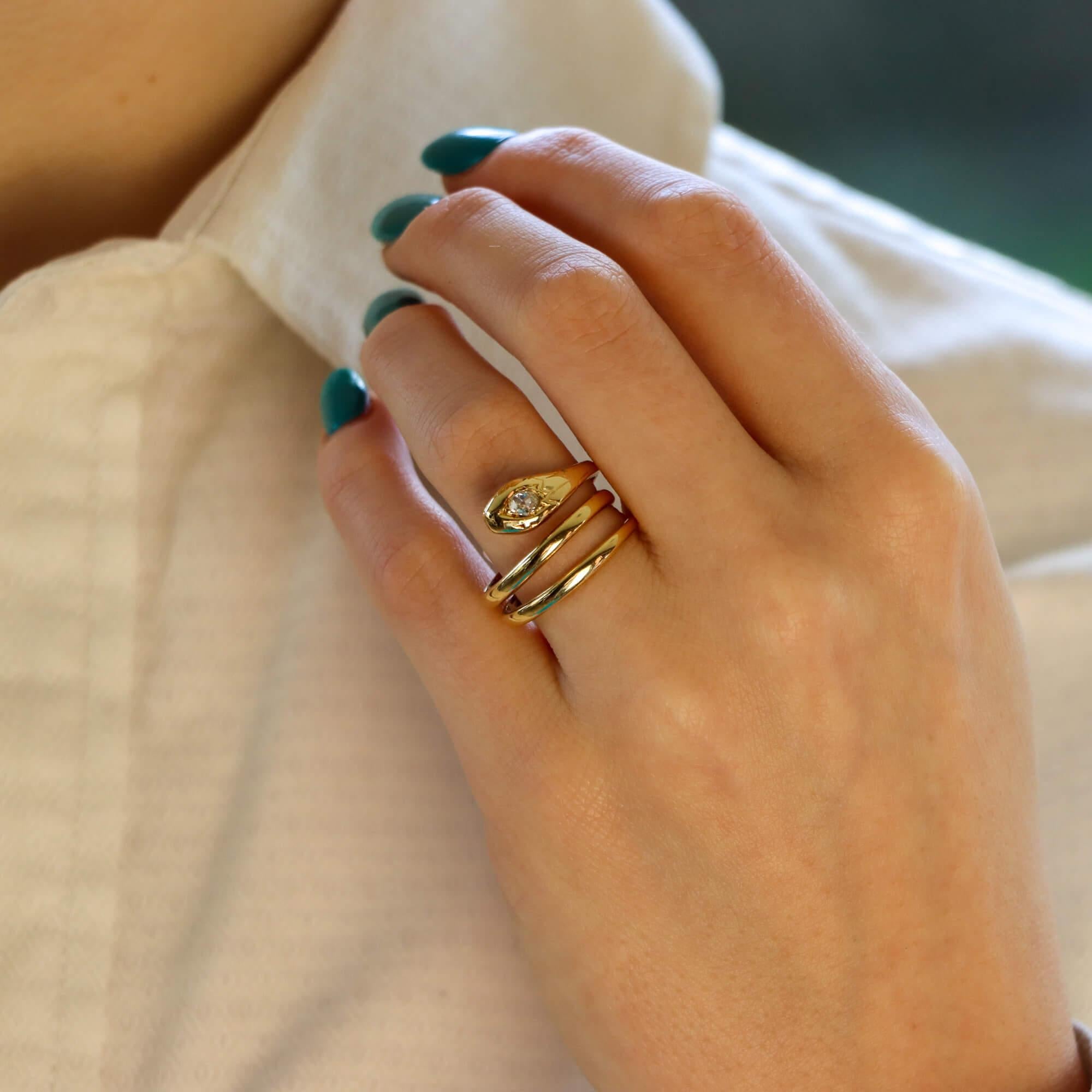 High Victorian Diamond Coiled Snake Ring Set in 18 Karat Yellow Gold 