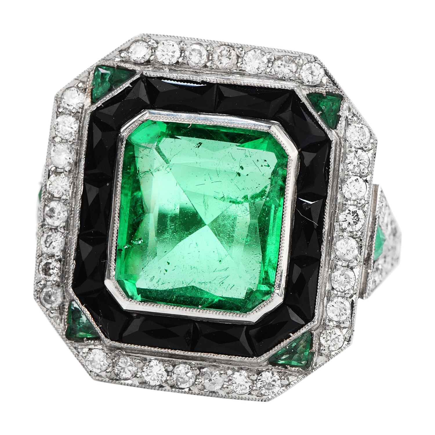 Diamant Kolumbianischer Smaragd Onyx Platin Cocktail Ring