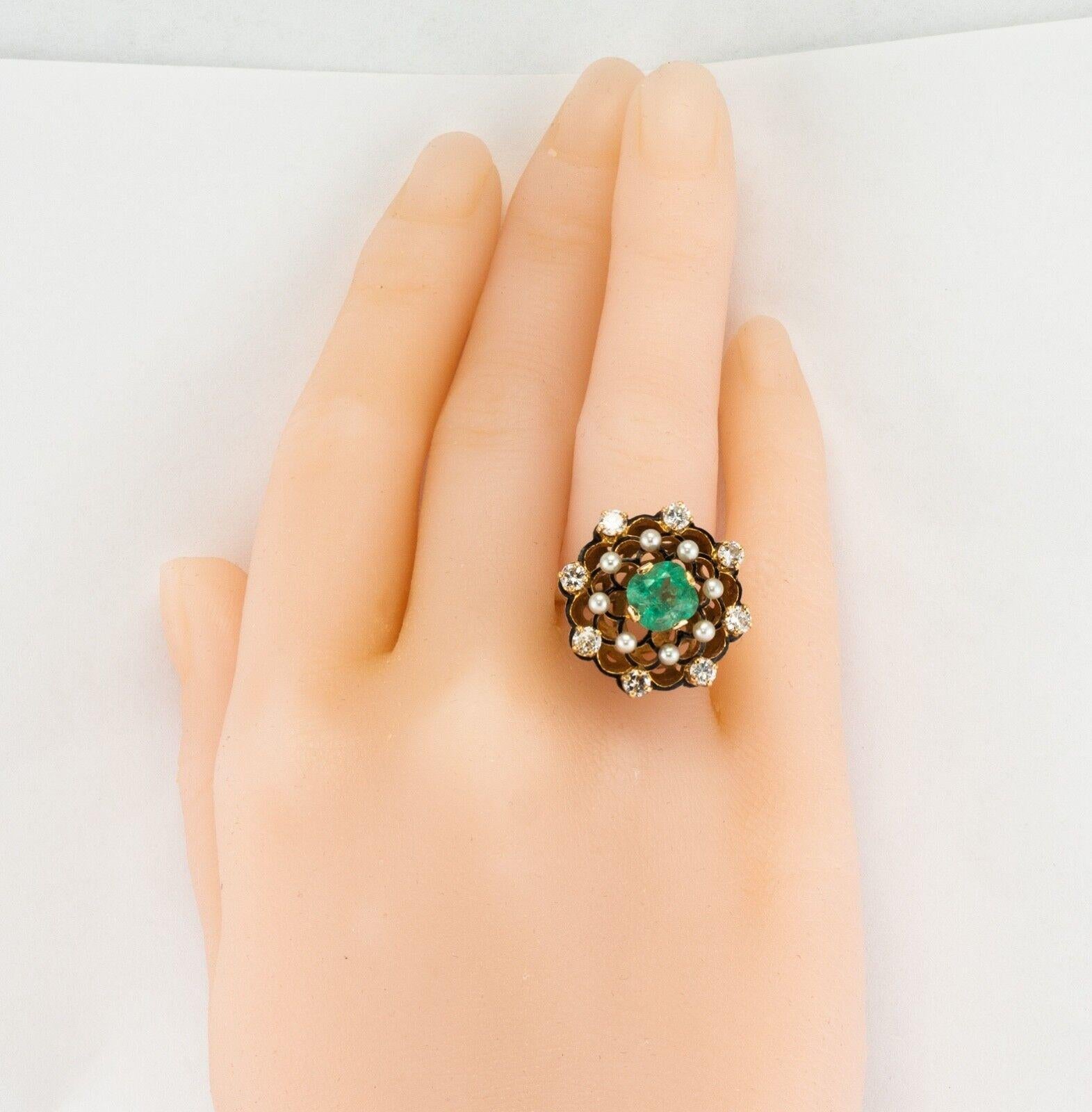 Diamond Colombian Emerald Pearl Ring Black 14K Gold Vintage For Sale 5