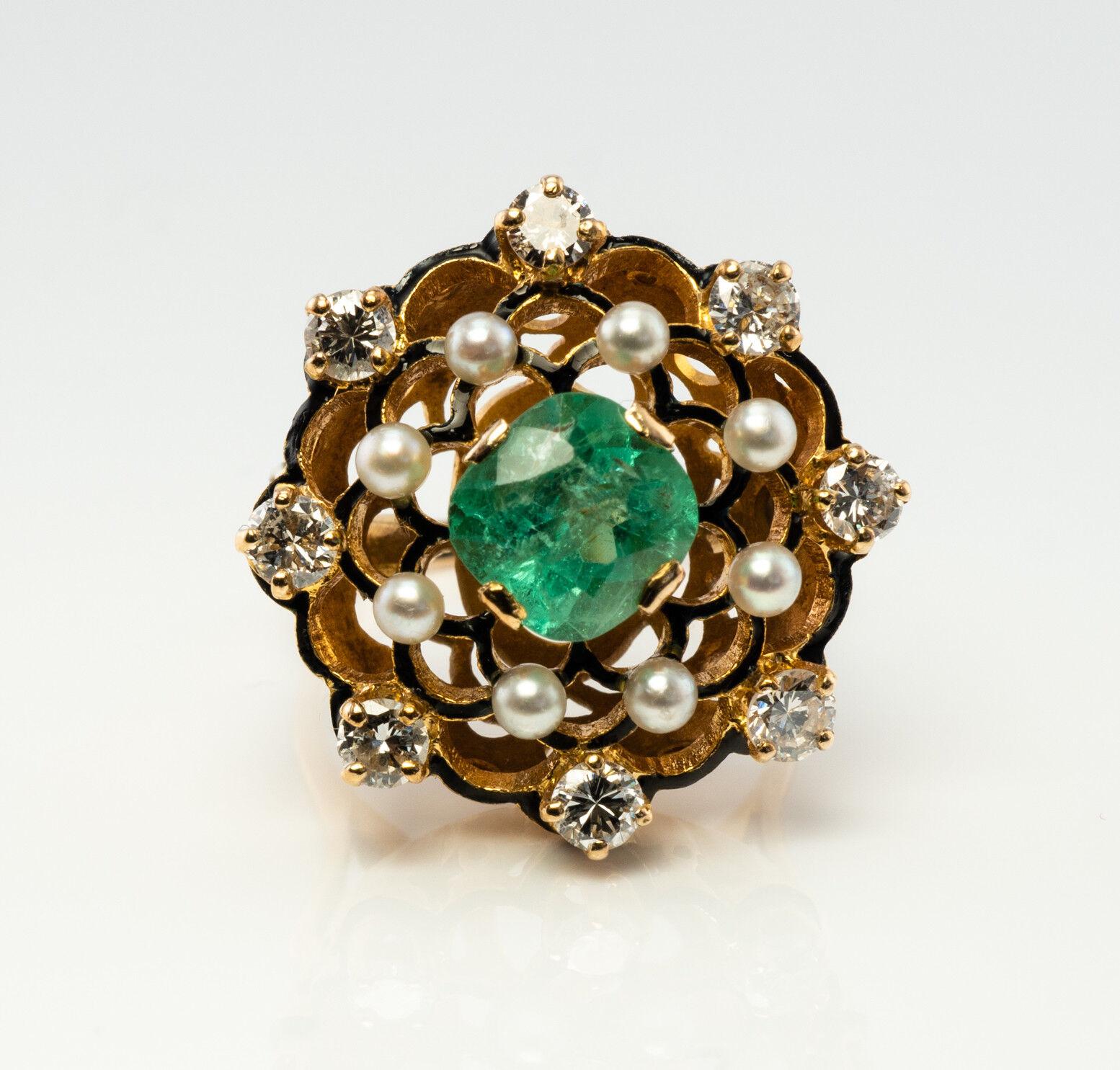 This gorgeous vintage ring is finely crafted in solid 14K Yellow Gold and set with genuine Earth mined Colombian Emerald, white and fiery diamonds, and natural cultured pearls. The center Emerald measures 7mm x 7mm (1.20 carats) and this is a good