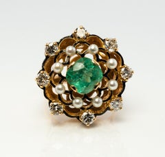 Diamond Colombian Emerald Pearl Ring Black 14K Gold Vintage