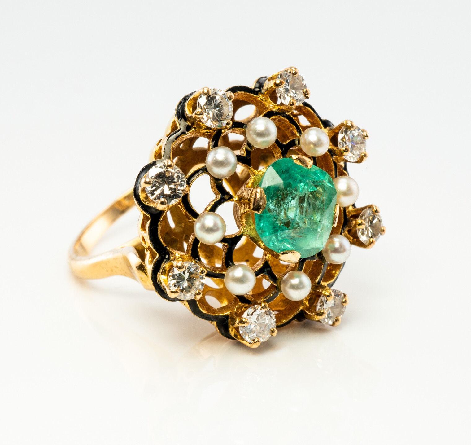 Diamond Colombian Emerald Pearl Ring Black 14K Gold Vintage In Good Condition For Sale In East Brunswick, NJ