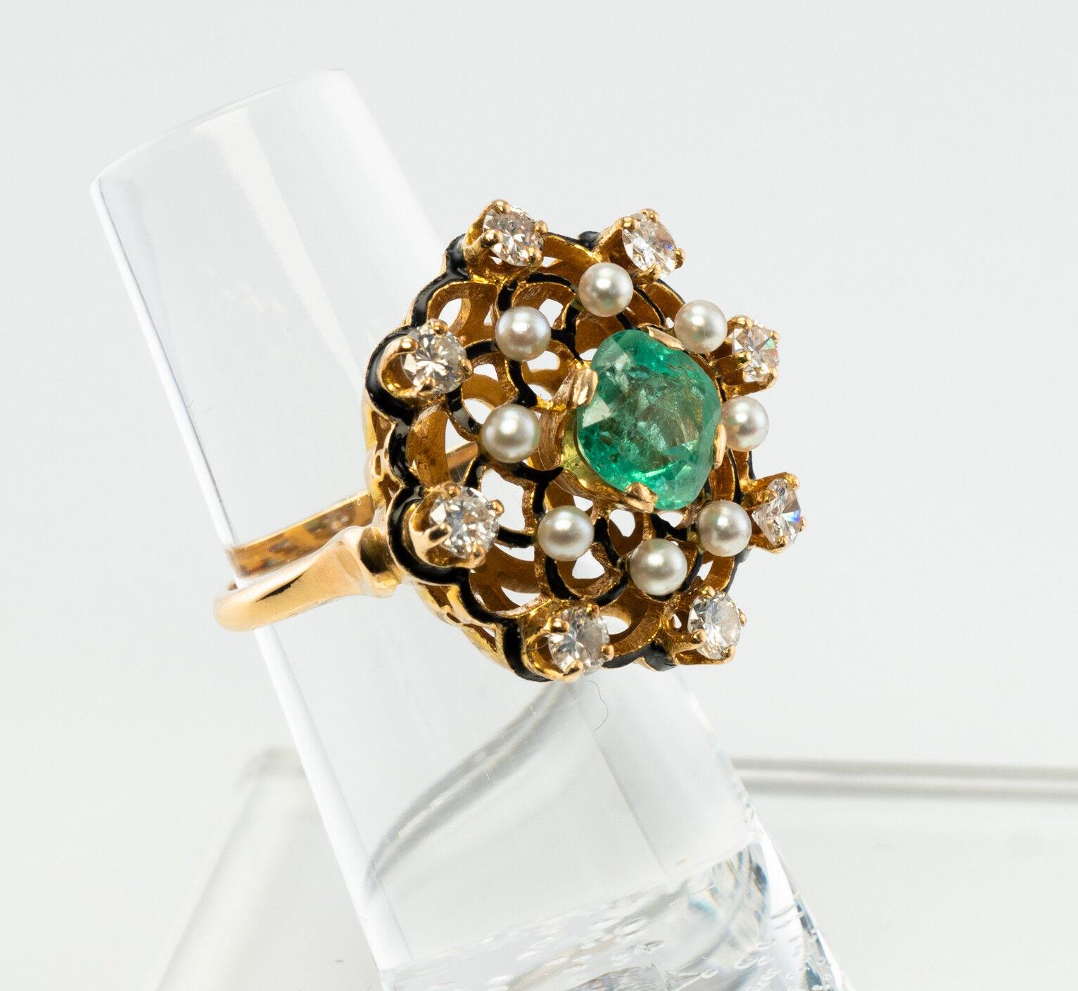 Diamant kolumbianischer Smaragd Perlenring Schwarz 14K Gold Vintage im Angebot 1
