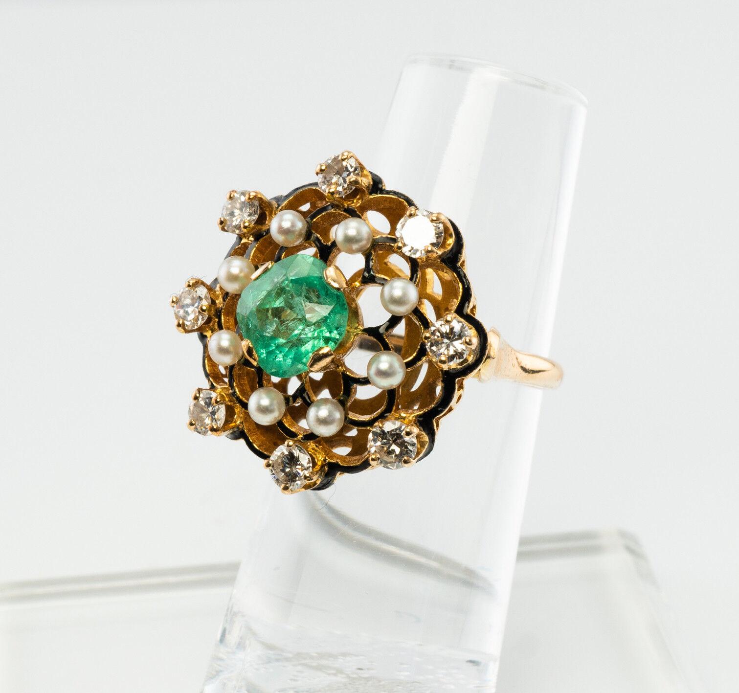 Diamant kolumbianischer Smaragd Perlenring Schwarz 14K Gold Vintage im Angebot 2