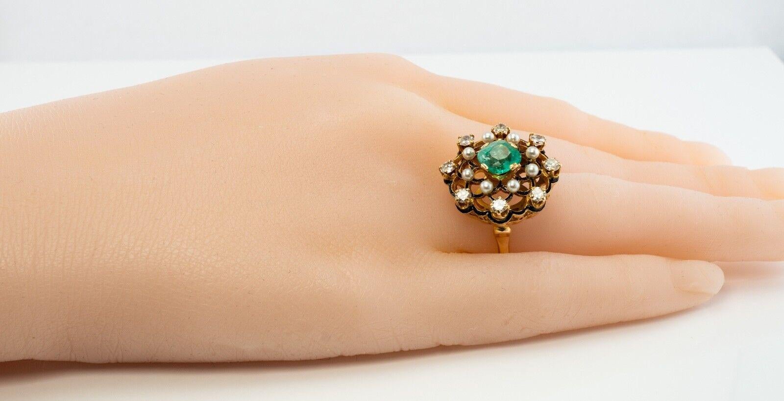 Diamond Colombian Emerald Pearl Ring Black 14K Gold Vintage For Sale 3