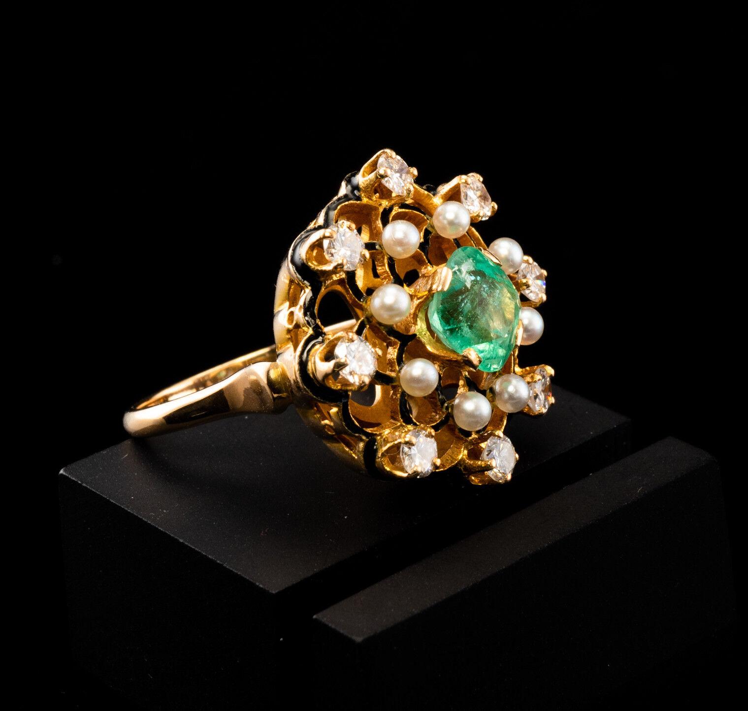 Diamant kolumbianischer Smaragd Perlenring Schwarz 14K Gold Vintage im Angebot 4