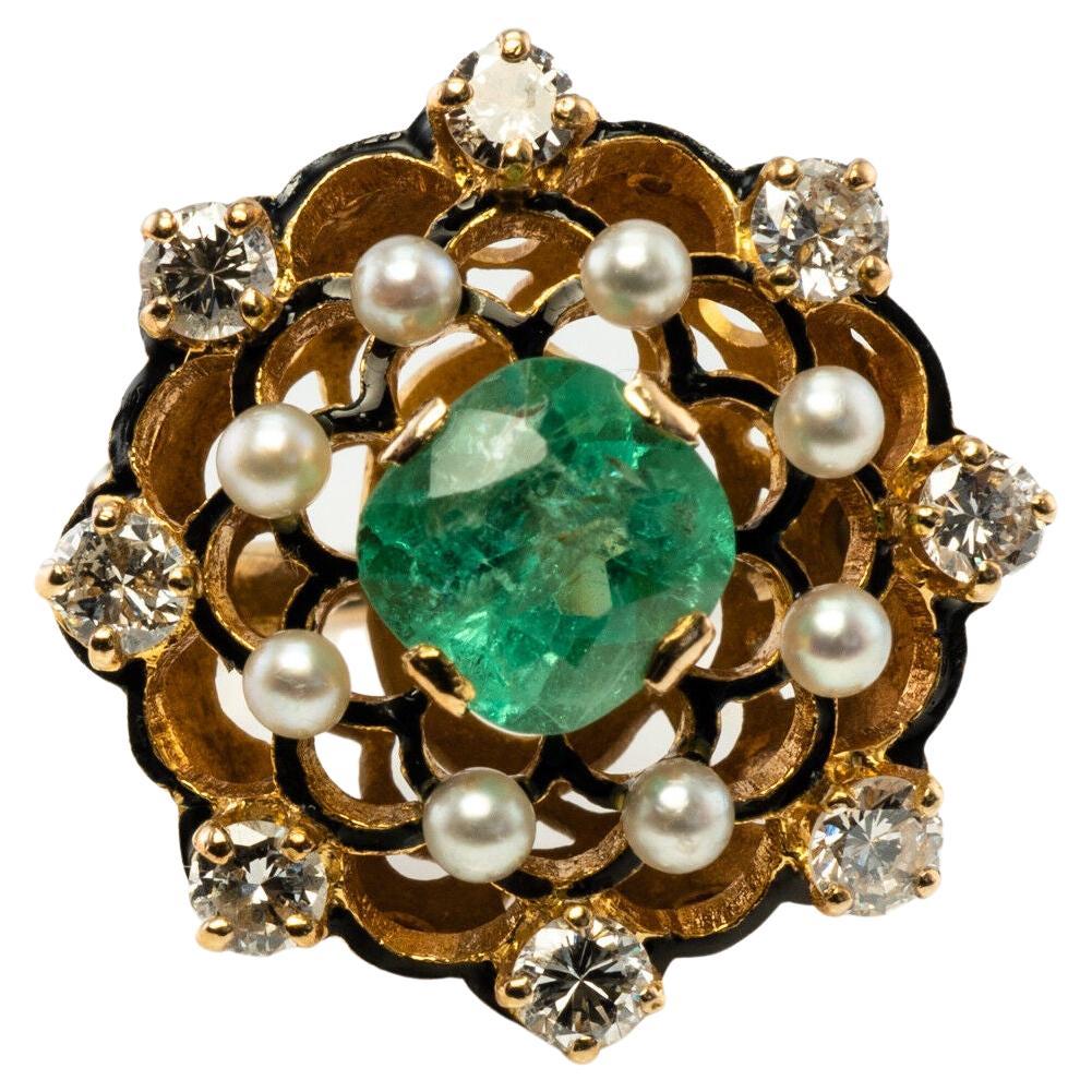 Diamant kolumbianischer Smaragd Perlenring Schwarz 14K Gold Vintage im Angebot