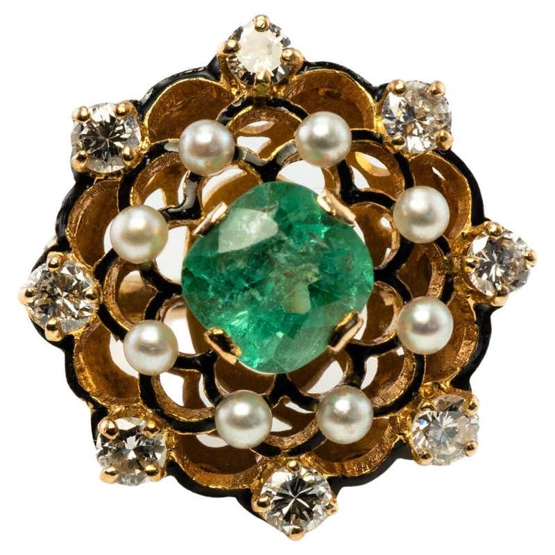14k Yellow Gold Free Form Pearl with Emeralds and Diamonds Cocktail ...