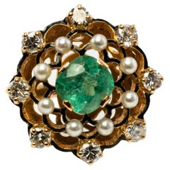 Diamond Colombian Emerald Pearl Ring Black 14K Gold Retro
