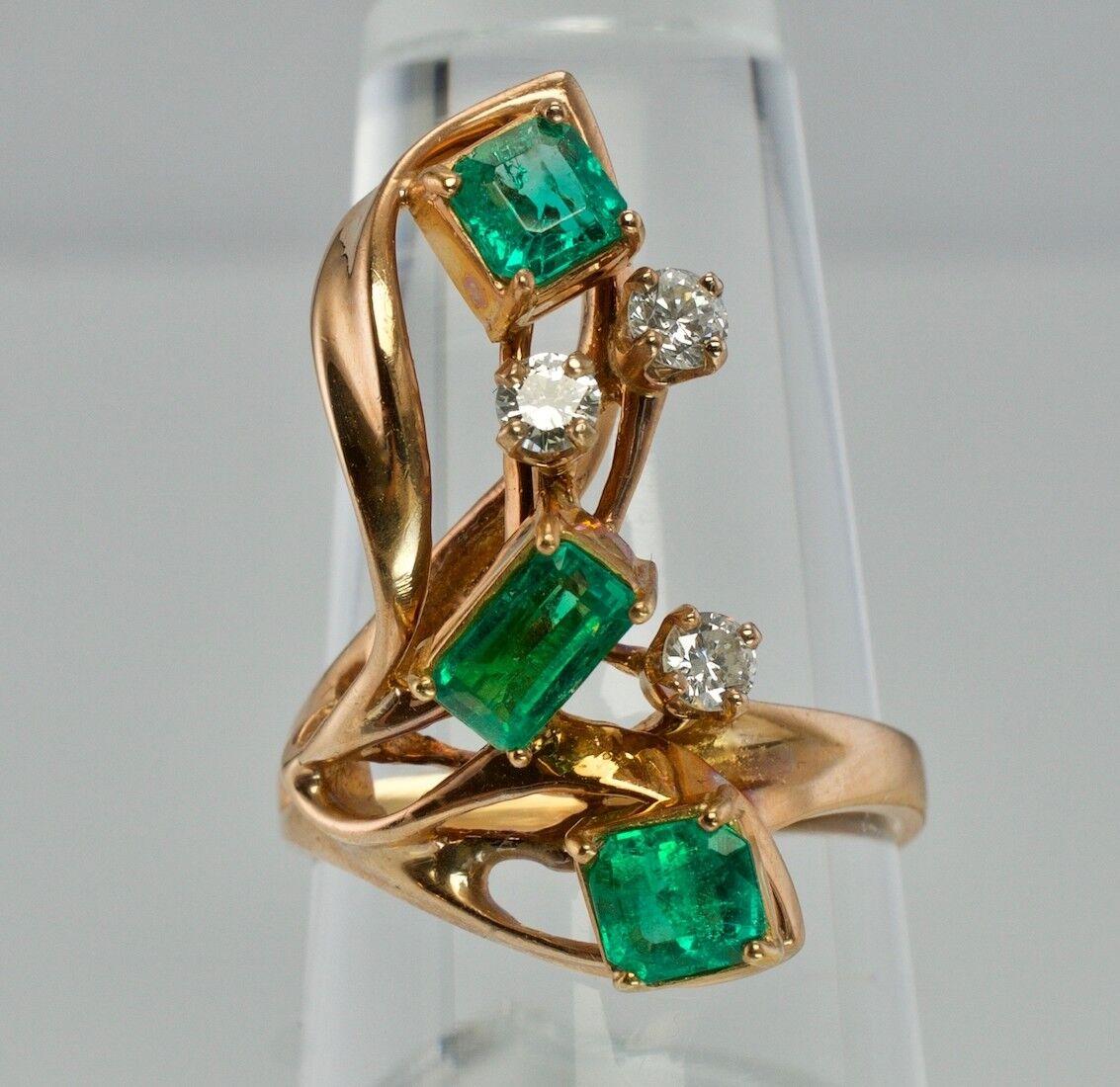 This spectacular vintage treasure is finely crafted in solid 14K Rose gold and set with high-quality Colombian Emeralds and diamonds. It is hallmarked with 