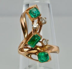 Diamond Colombian Emerald Ring 14K Rose Gold Vintage