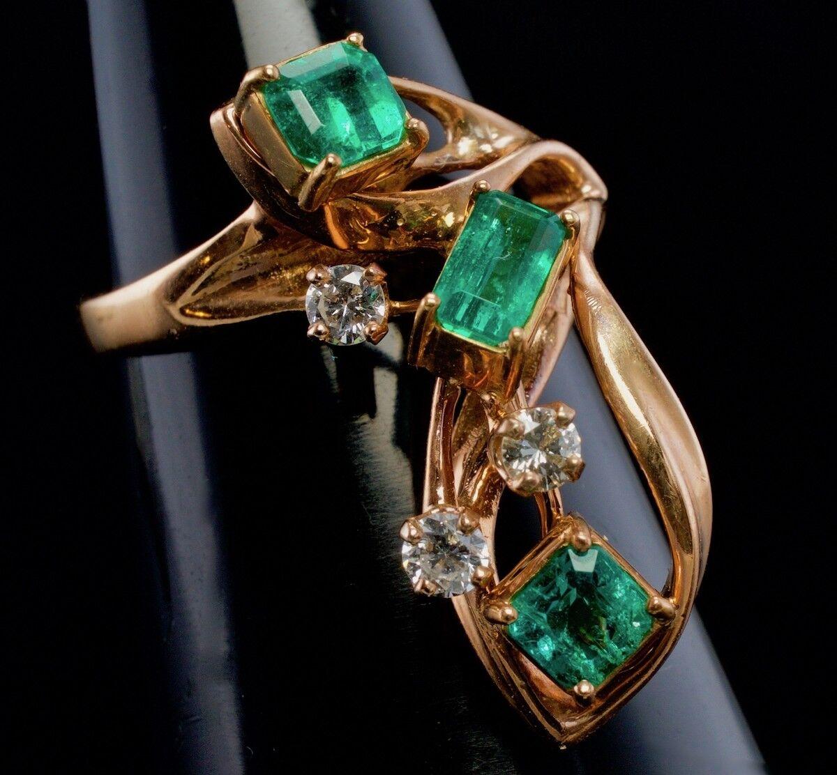Diamant-Kolumbianischer Smaragd-Ring 14K Rose Gold Vintage (Carréschliff) im Angebot