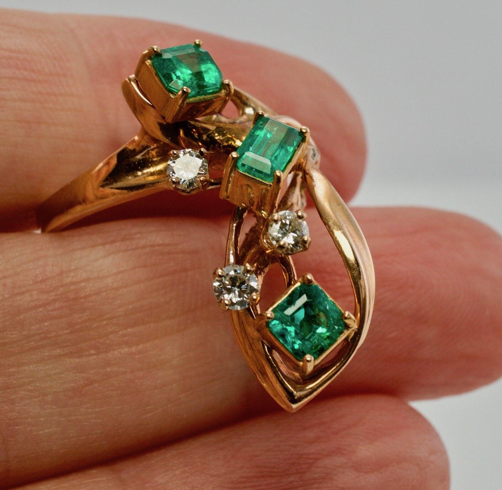Princess Cut Diamond Colombian Emerald Ring 14K Rose Gold Vintage For Sale