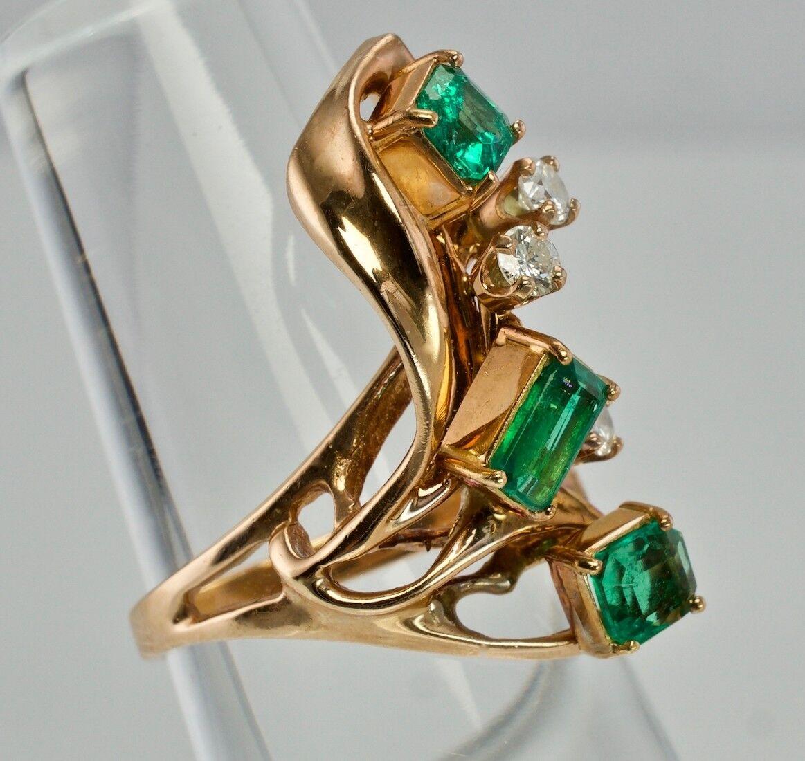 Diamond Colombian Emerald Ring 14K Rose Gold Vintage In Good Condition For Sale In East Brunswick, NJ