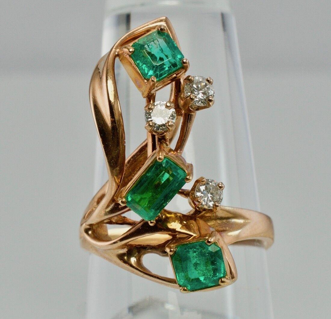 Diamant-Kolumbianischer Smaragd-Ring 14K Rose Gold Vintage im Angebot 2