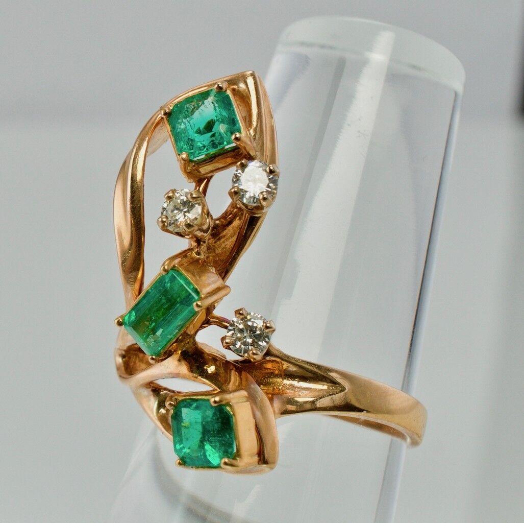 Diamond Colombian Emerald Ring 14K Rose Gold Vintage For Sale 1