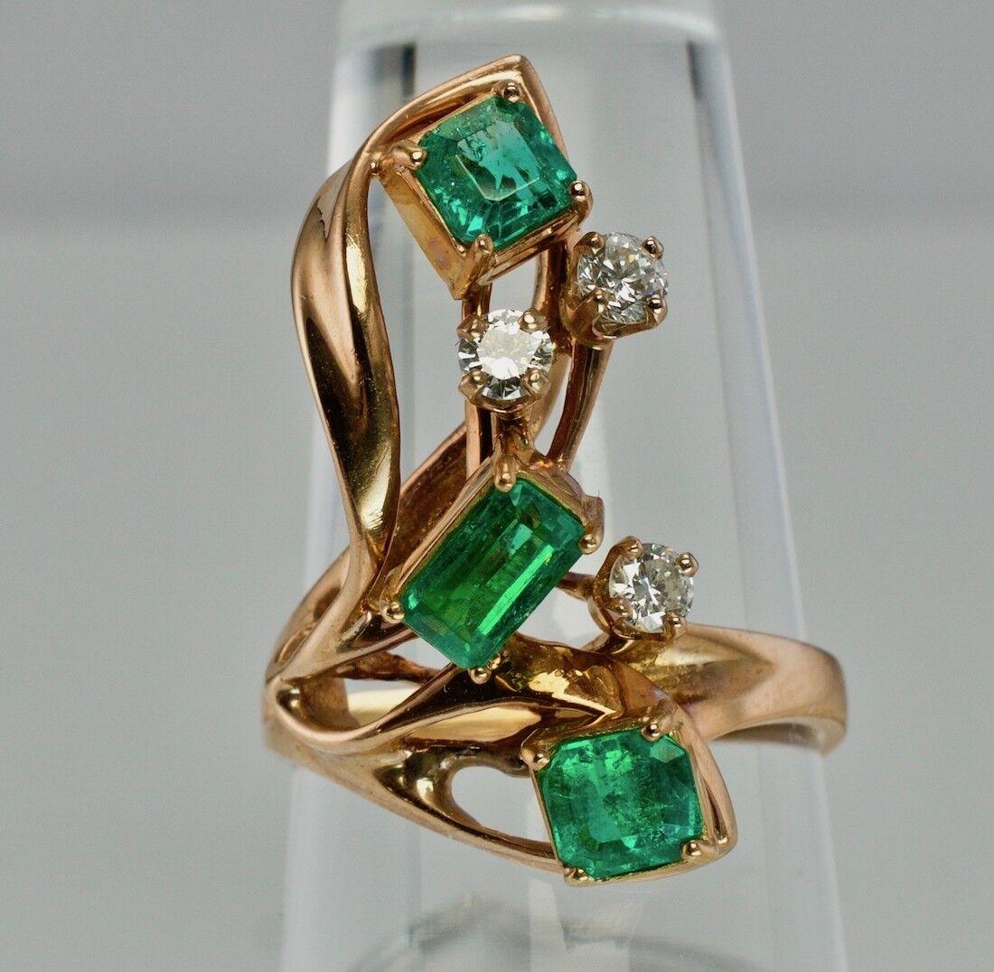 Diamond Colombian Emerald Ring 14K Rose Gold Vintage For Sale 2