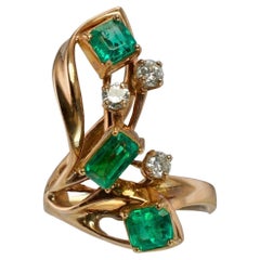 Diamant-Ring mit kolumbianischem Smaragd 14K Roségold Vintage
