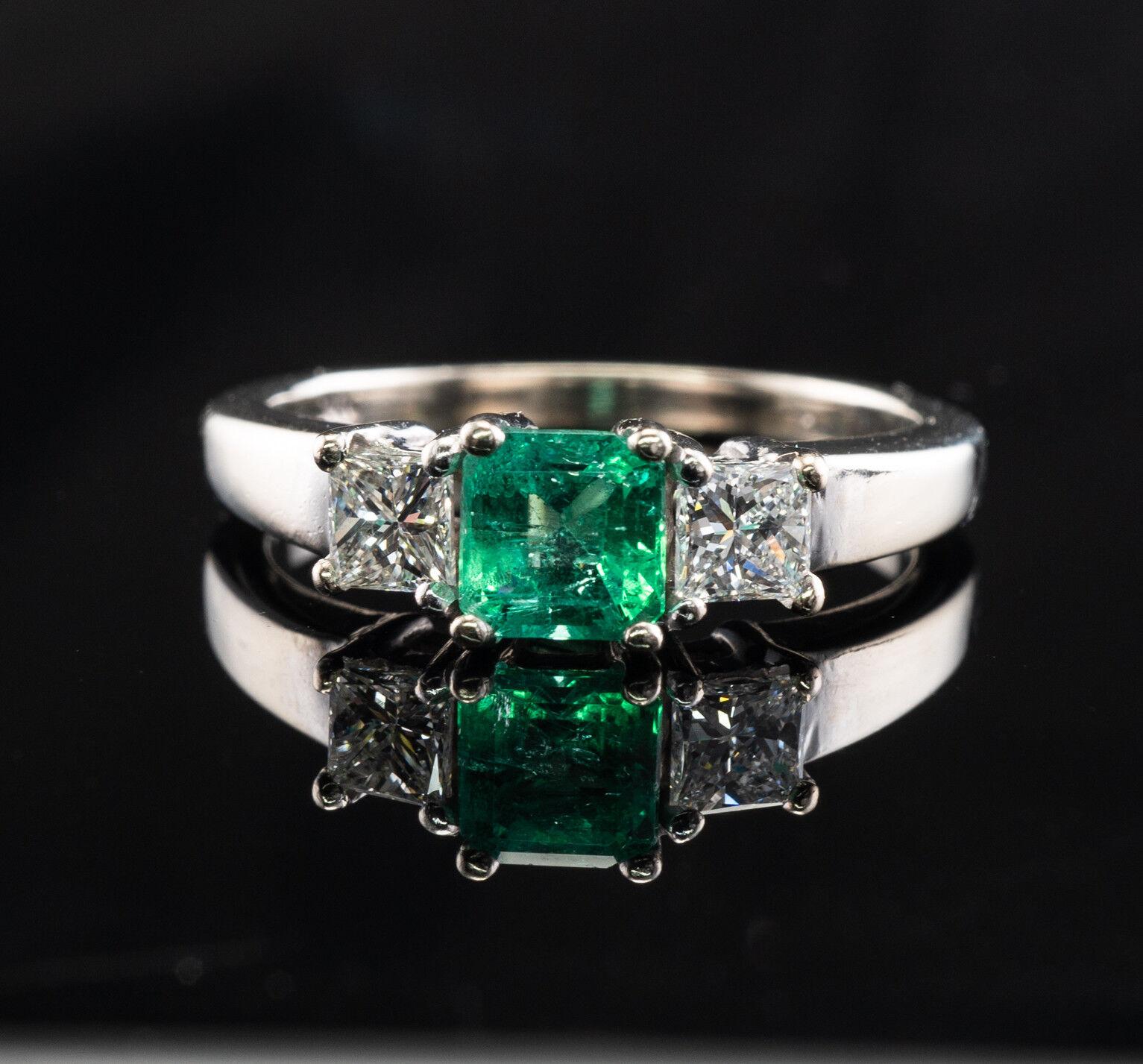 Princess Cut Diamond Colombian Emerald Ring 14K White Gold Band For Sale