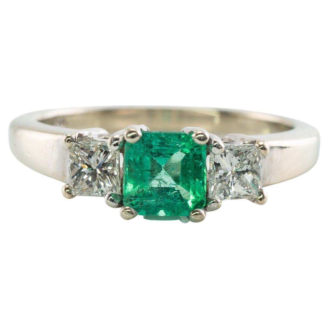 Diamond Colombian Emerald Ring 14K White Gold Band For Sale