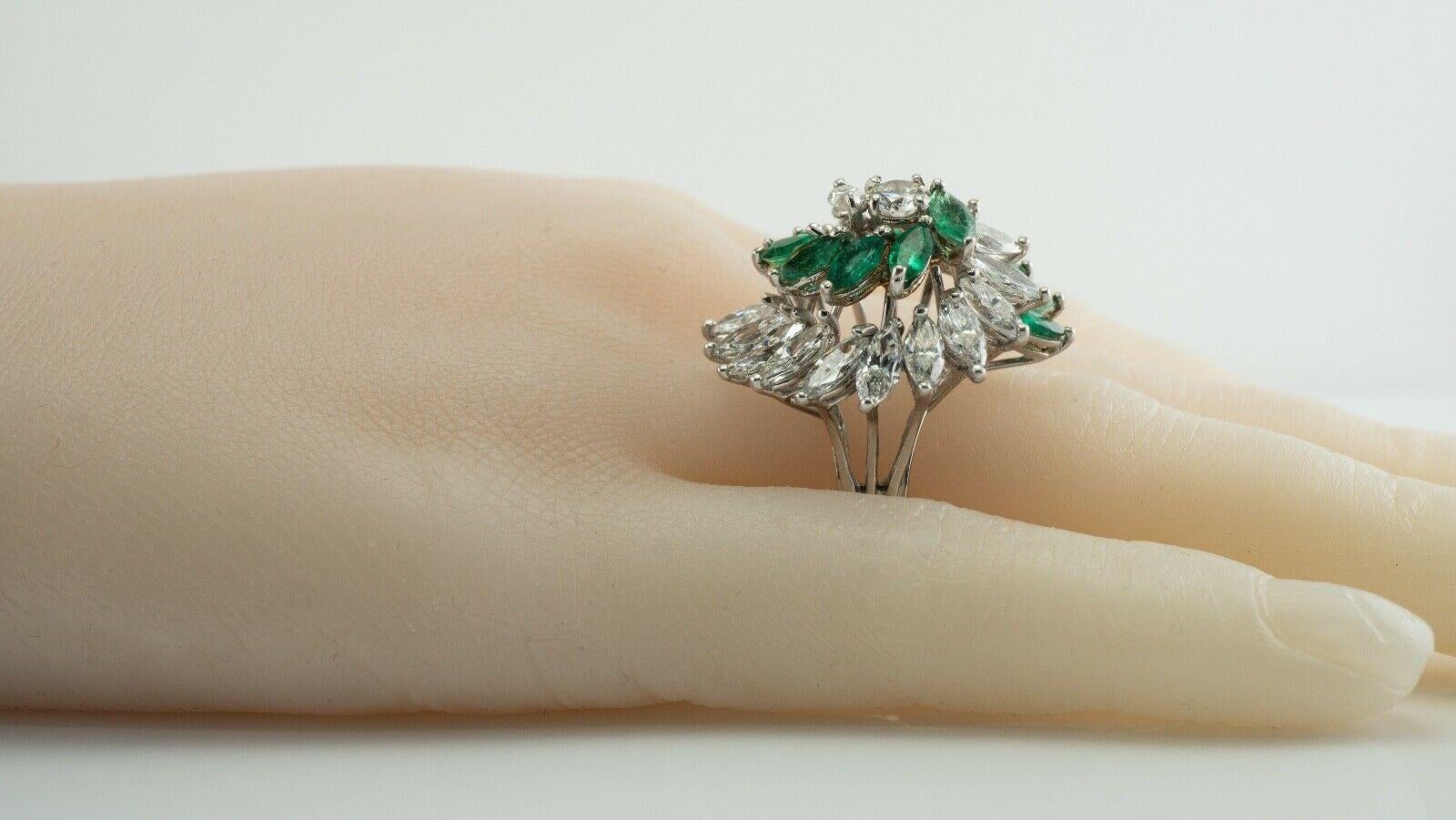 Diamond Colombian Emerald Ring 18K White Gold Flower Cocktail For Sale 5