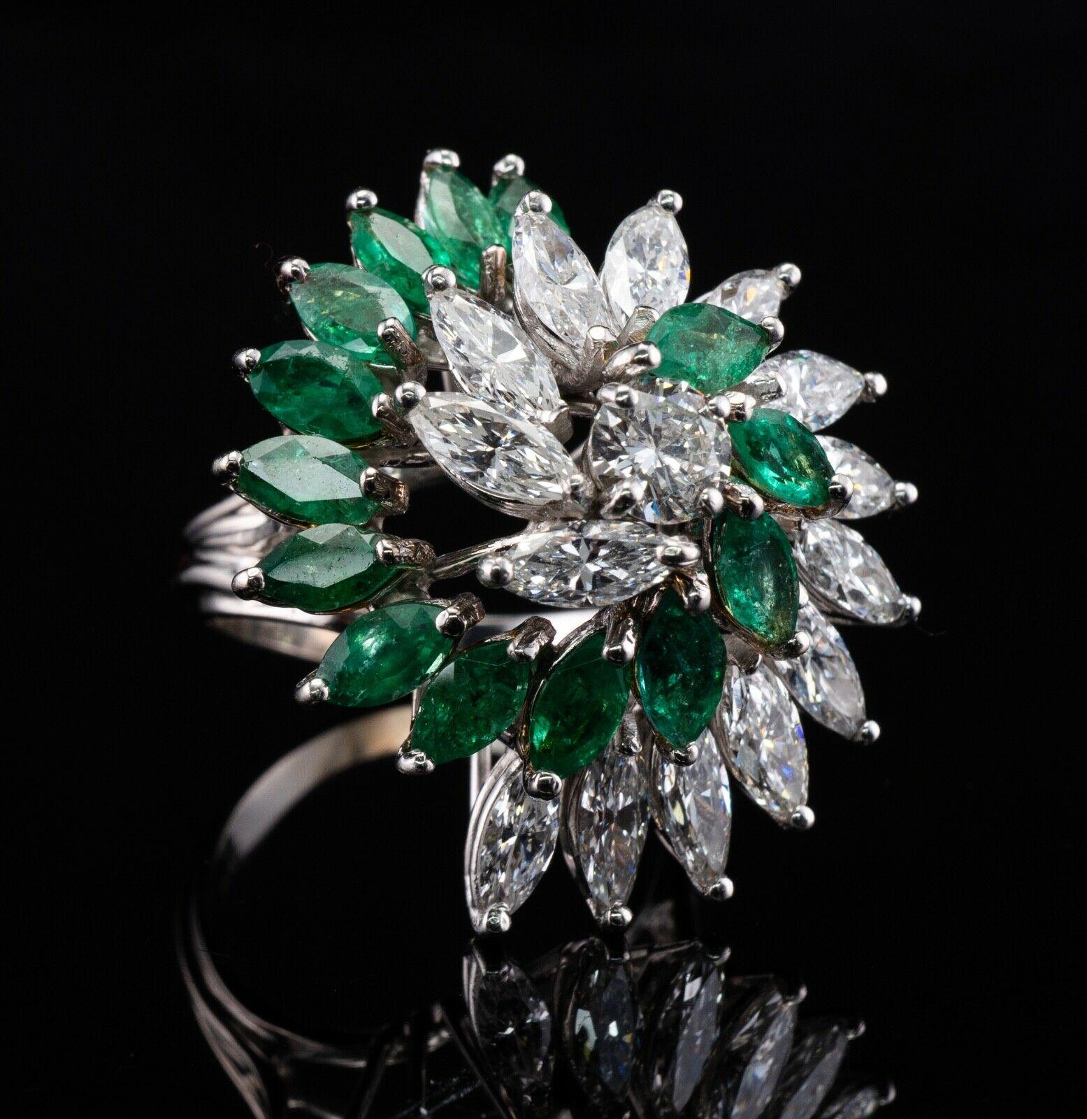 Women's Diamond Colombian Emerald Ring 18K White Gold Flower Cocktail For Sale