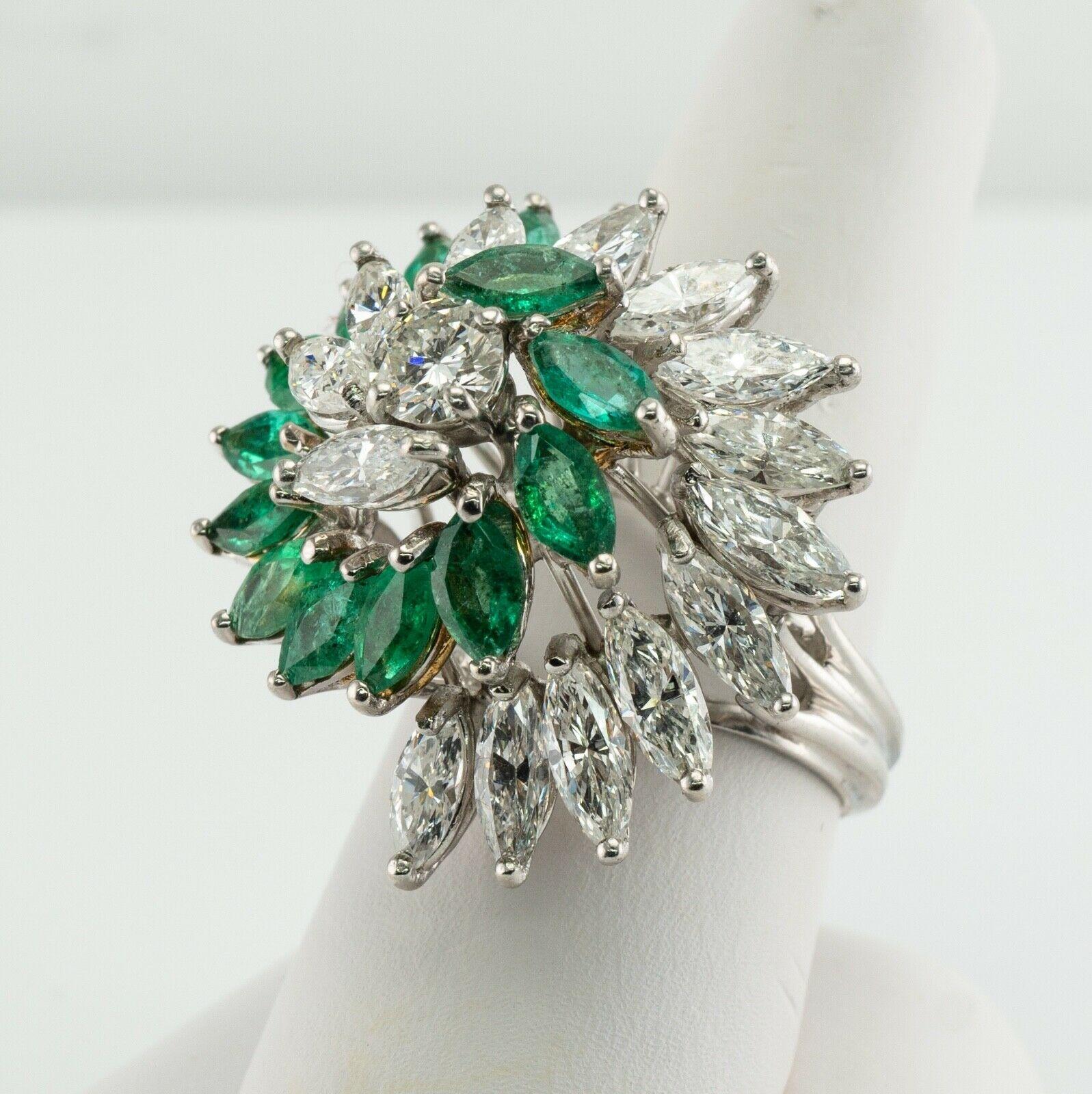 Diamond Colombian Emerald Ring 18K White Gold Flower Cocktail For Sale 1
