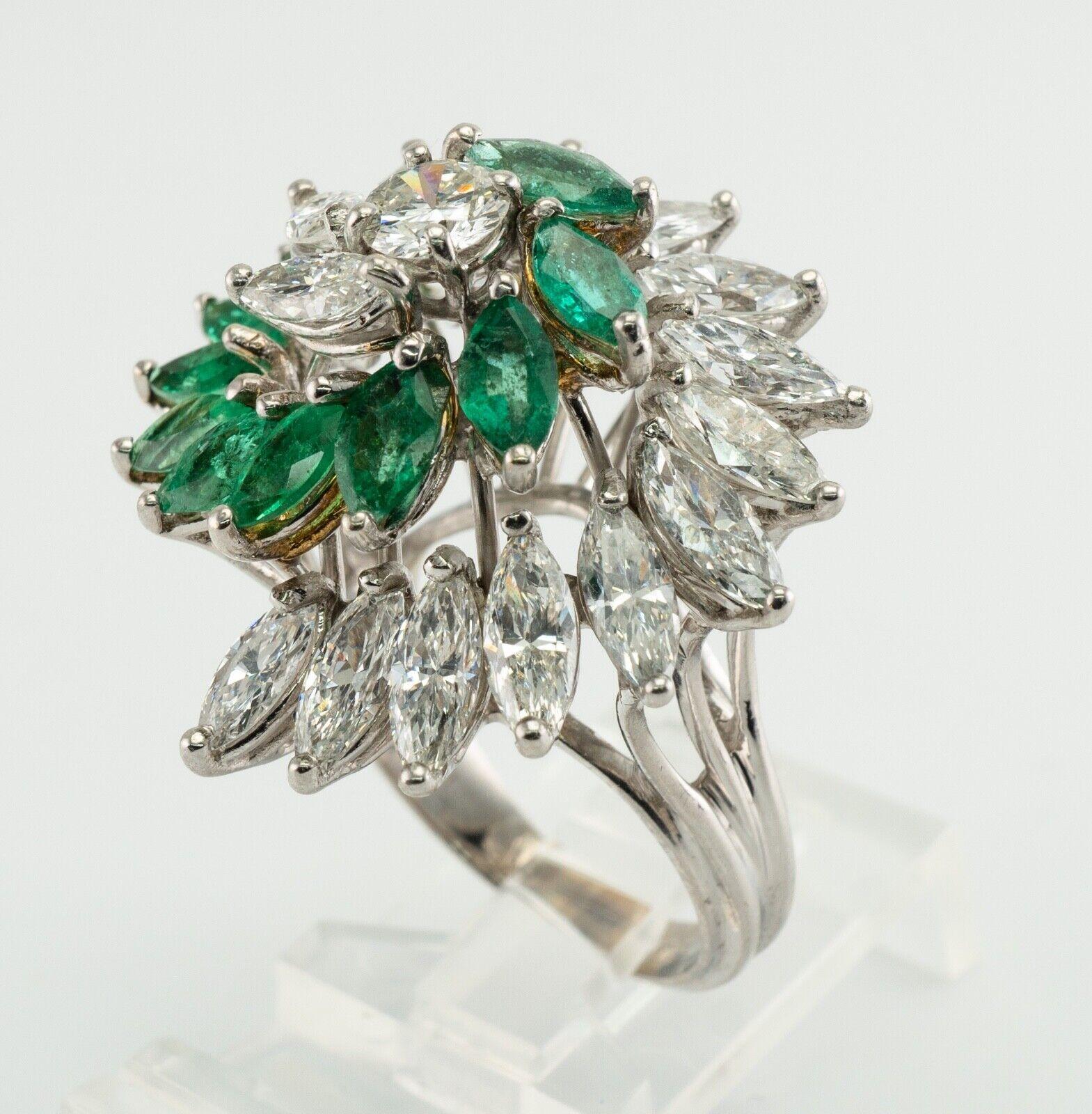 Diamond Colombian Emerald Ring 18K White Gold Flower Cocktail For Sale 4