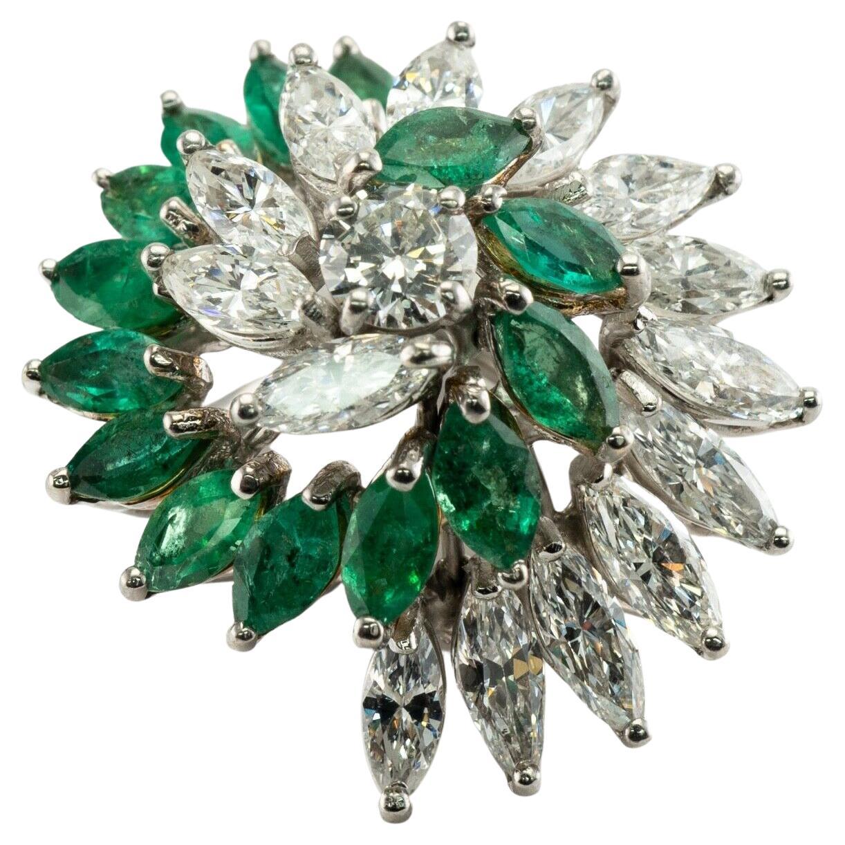 Diamond Colombian Emerald Ring 18K White Gold Flower Cocktail For Sale