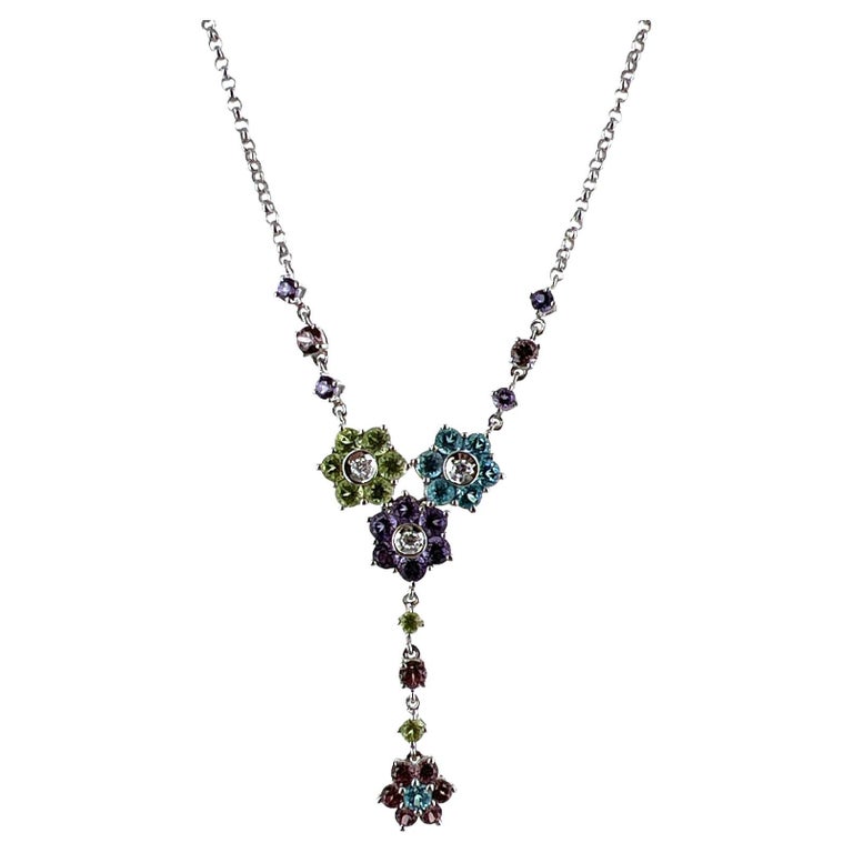 Diamond Color Gemstone Floral Station 18K White Gold Link Y Necklace Fortunoff For Sale at 1stDibs