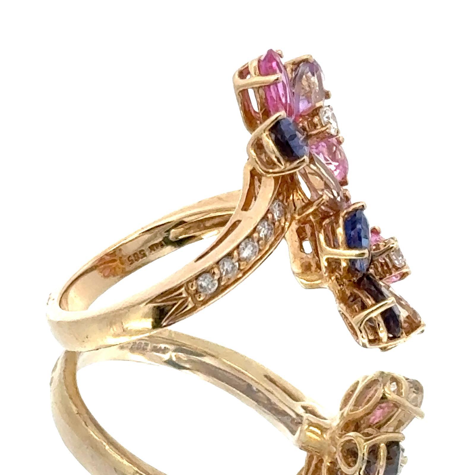 Anello floreale bypass con diamante e gemma colorata in oro giallo 14 carati in vendita 4