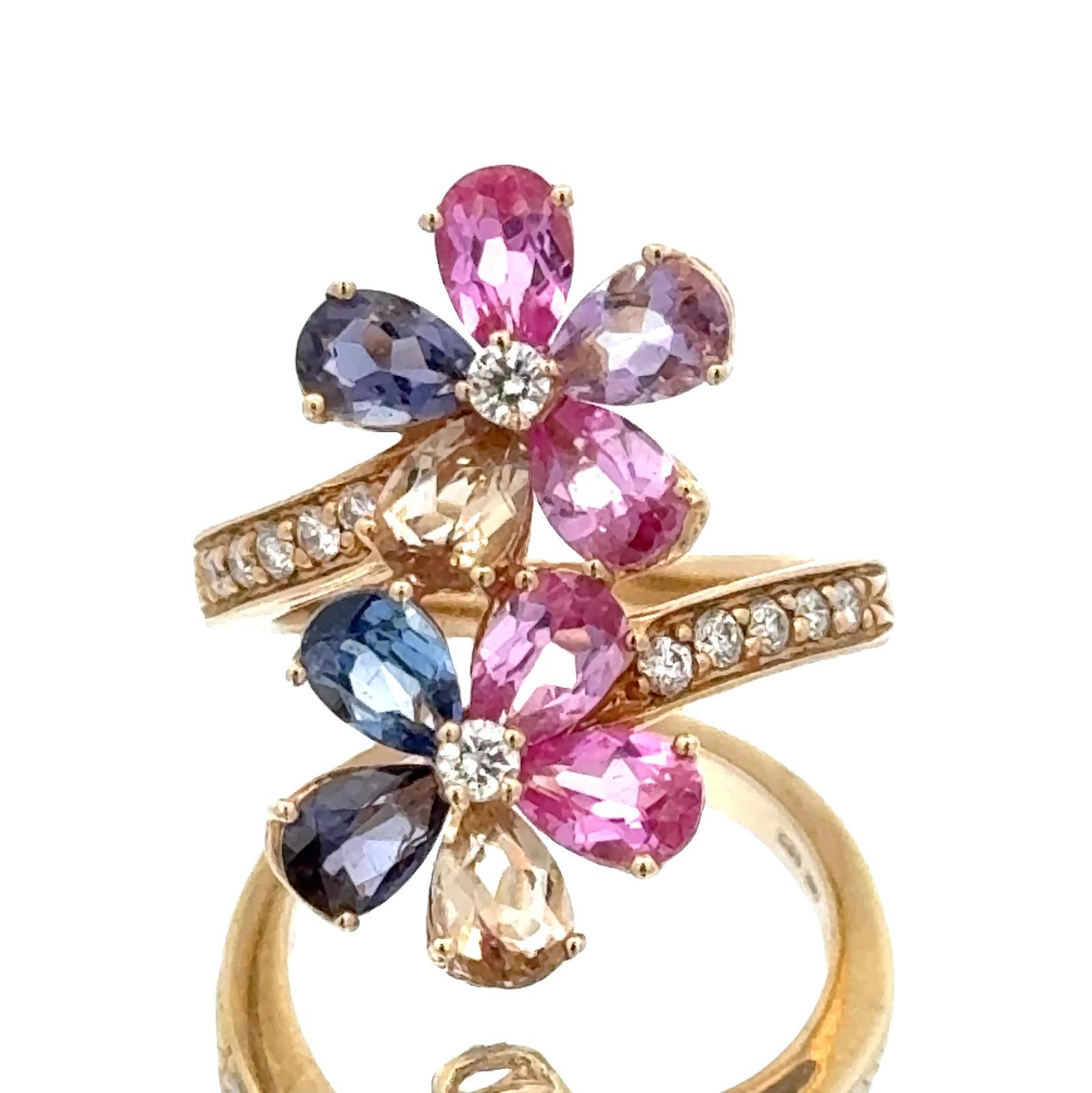 Anello floreale bypass con diamante e gemma colorata in oro giallo 14 carati in vendita 5