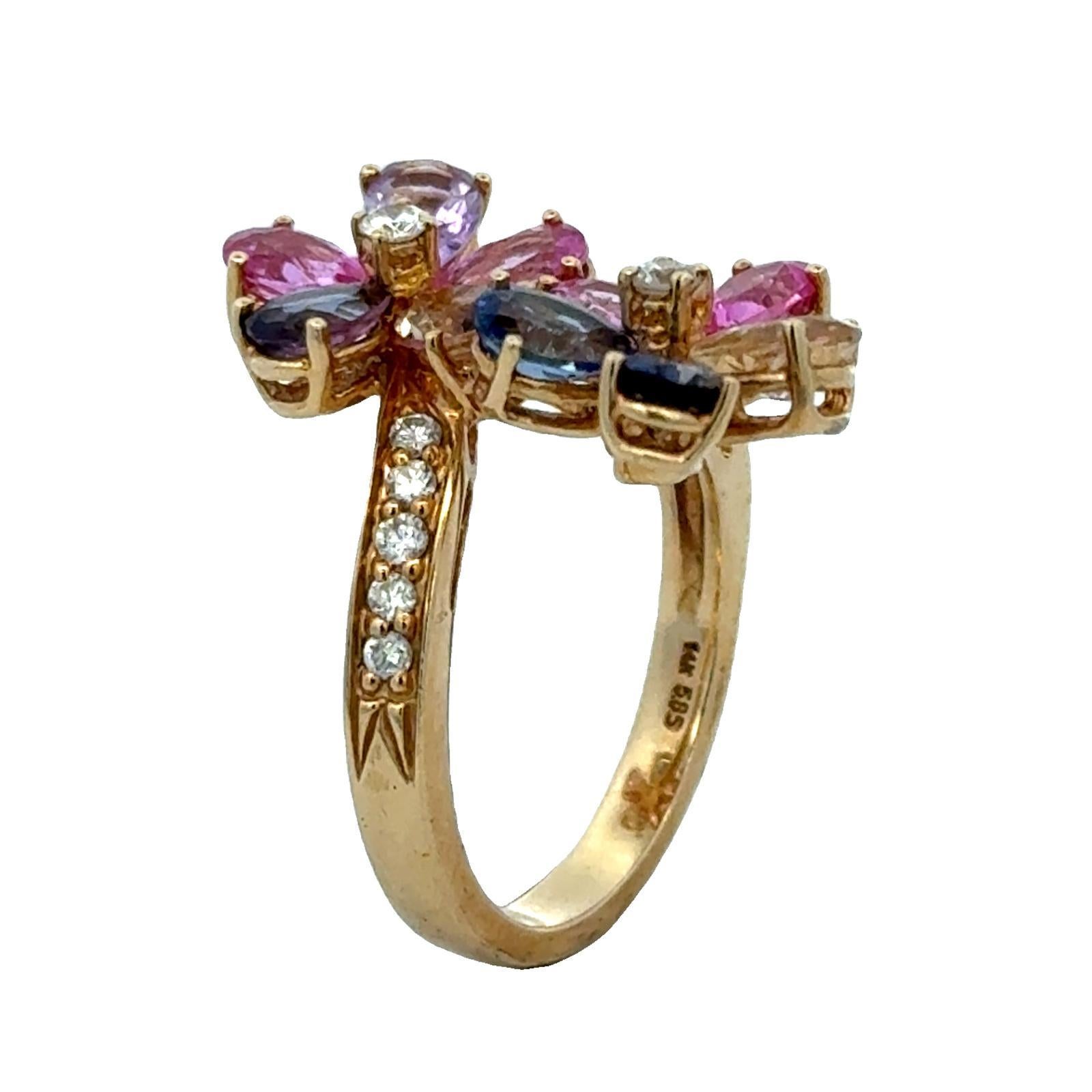 Moderno Anello floreale bypass con diamante e gemma colorata in oro giallo 14 carati in vendita