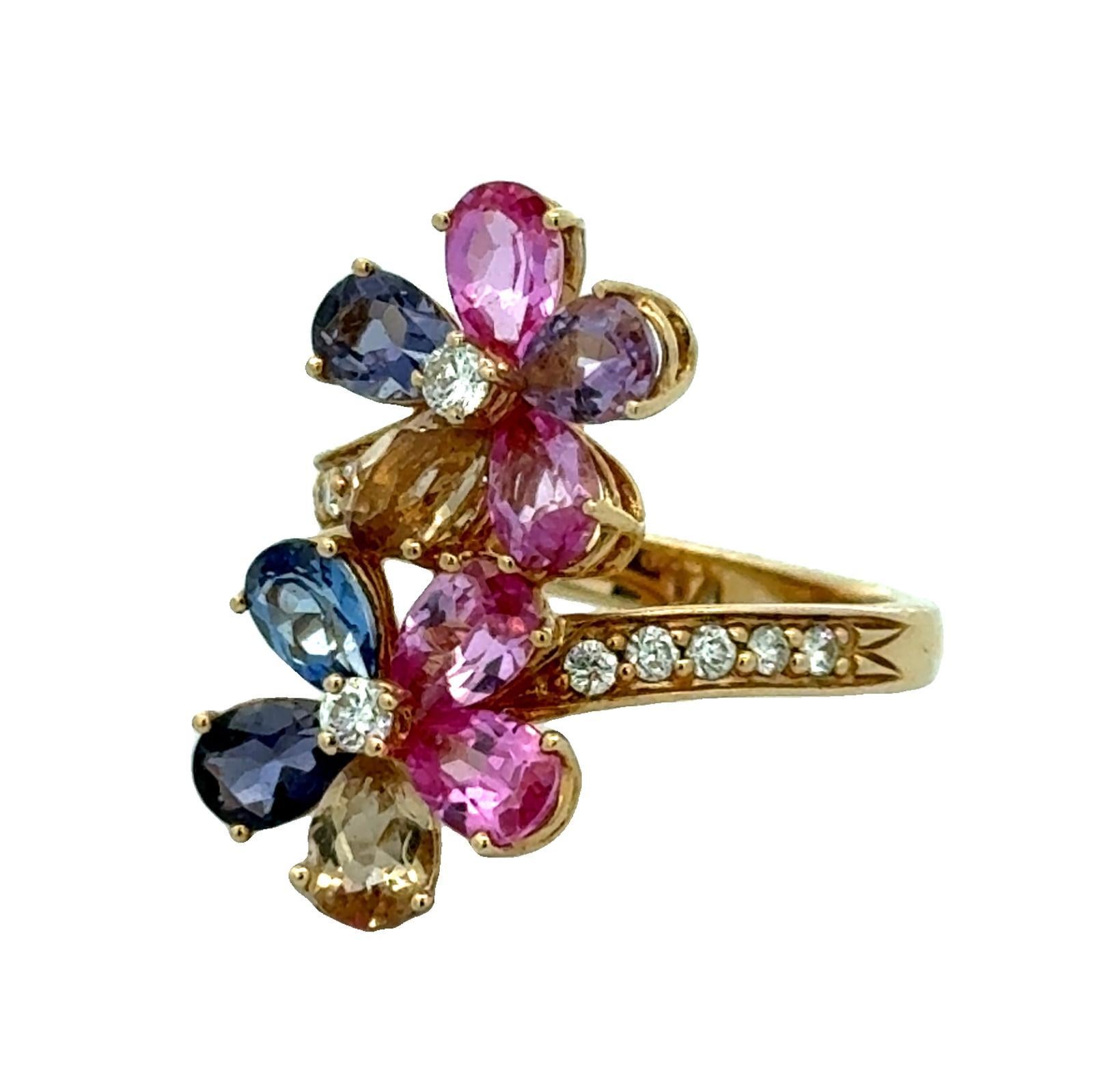Anello floreale bypass con diamante e gemma colorata in oro giallo 14 carati In condizioni ottime in vendita a Boca Raton, FL