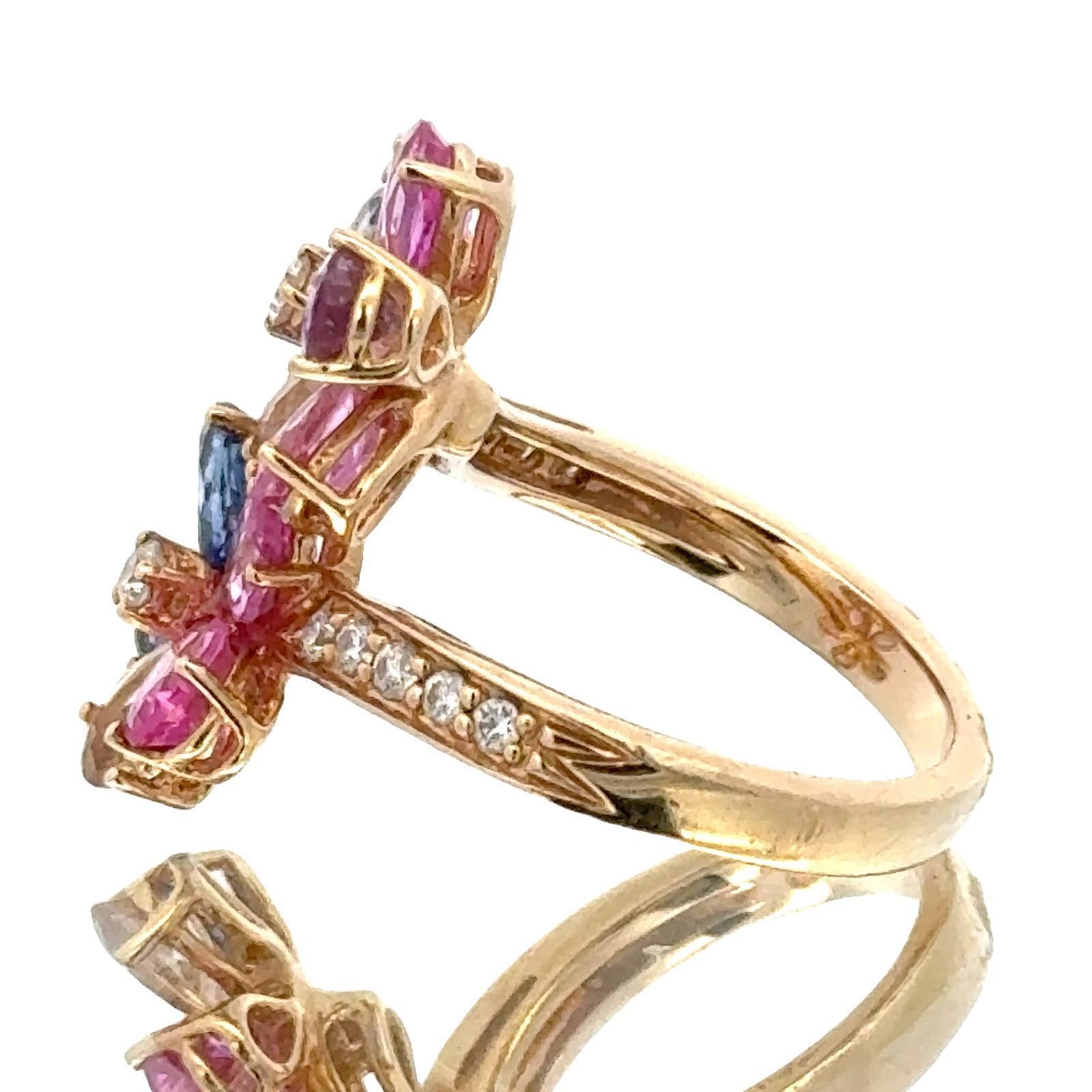 Anello floreale bypass con diamante e gemma colorata in oro giallo 14 carati in vendita 3