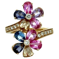 Diamond Colored Gemstone 14 Karat Yellow Gold Bypass Floral Ring