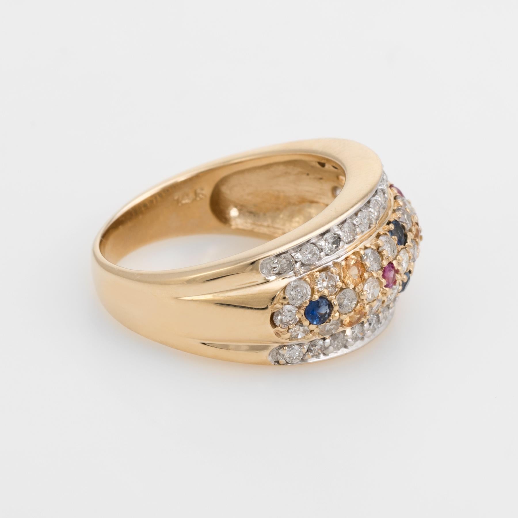 Modern Diamond Colored Sapphire Dome Band Ring Vintage 14 Karat Yellow Gold