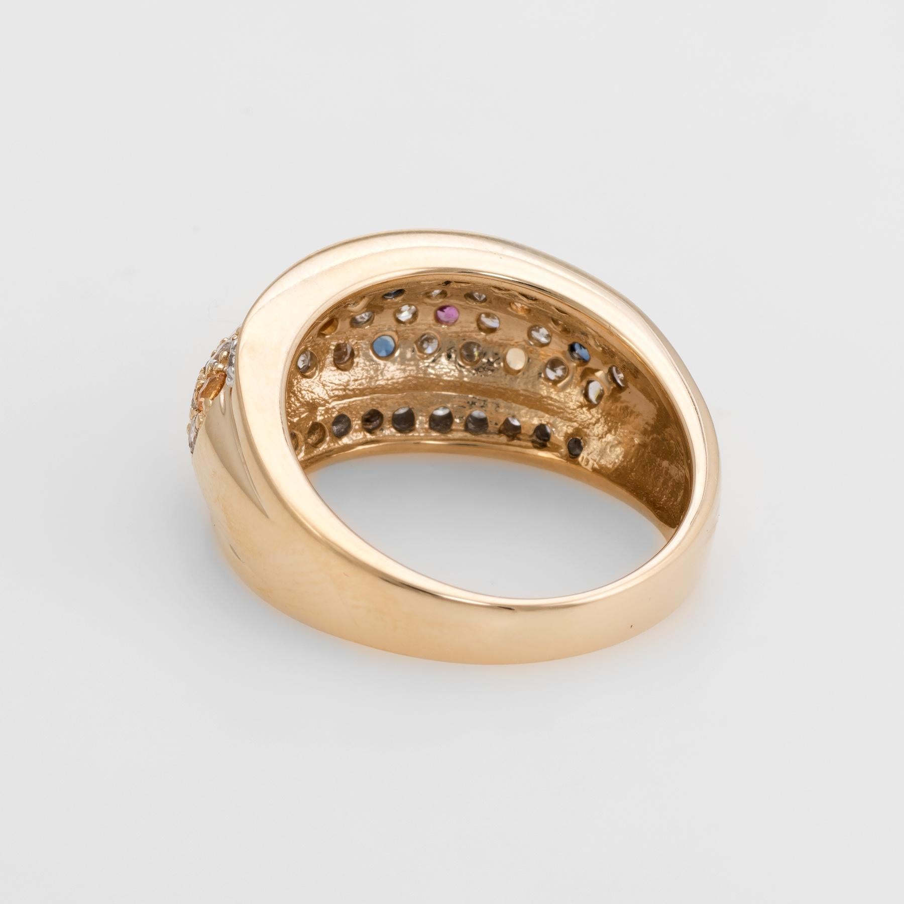 Women's Diamond Colored Sapphire Dome Band Ring Vintage 14 Karat Yellow Gold