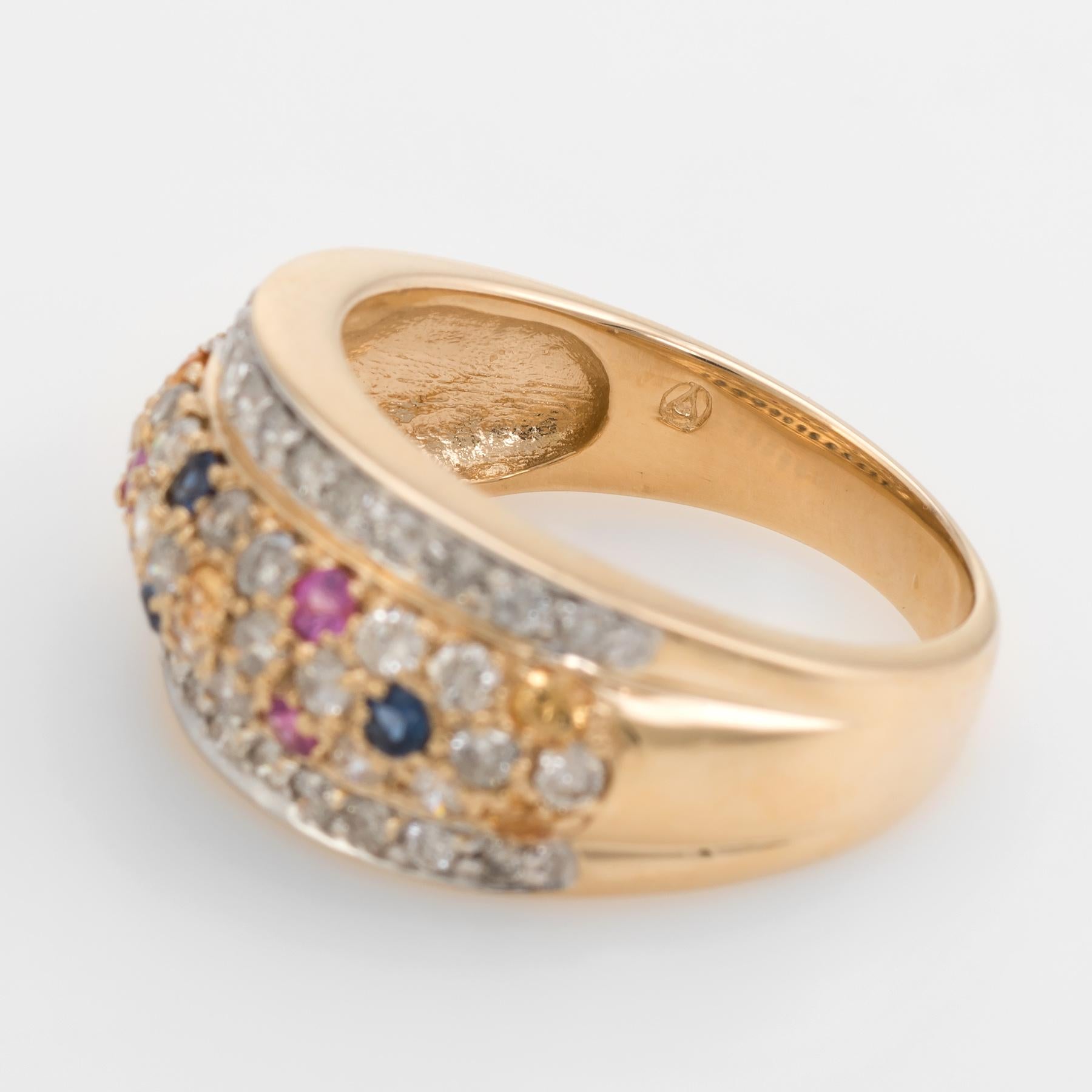 Diamond Colored Sapphire Dome Band Ring Vintage 14 Karat Yellow Gold 2