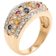 Diamond Colored Sapphire Dome Band Ring Vintage 14 Karat Yellow Gold