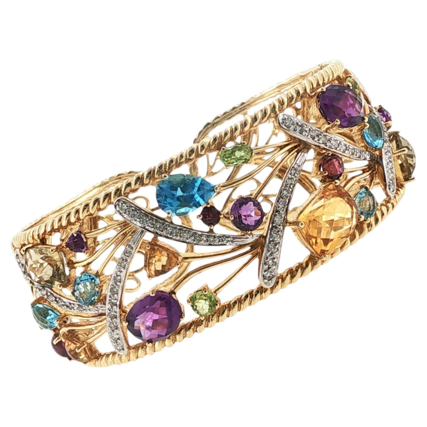 Diamond Colorful Gemstone 14 Karat Yellow Gold Hinged Cuff Bangle Bracelet