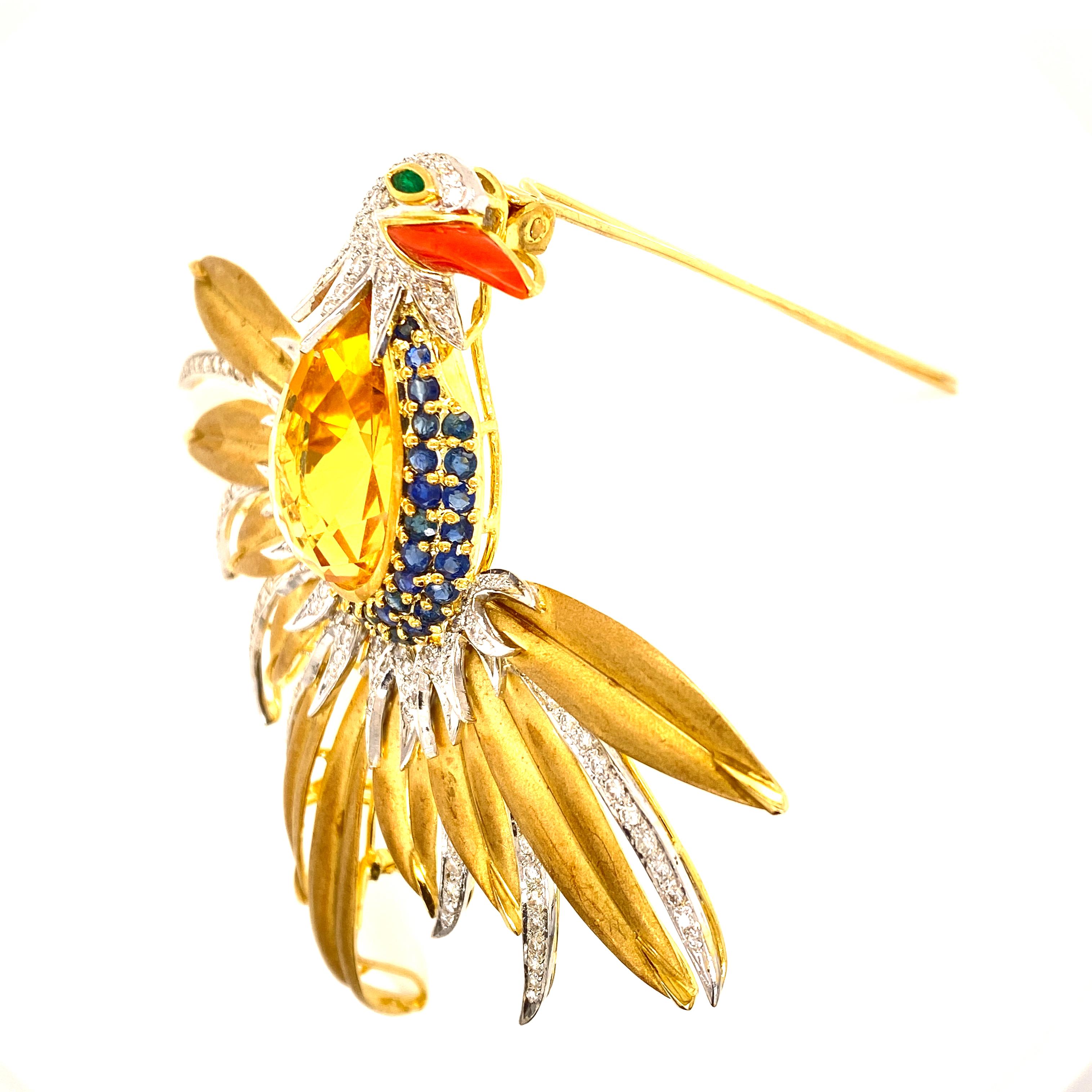 Contemporary Diamond Citrine Sapphire Emerald Coral Bird Vintage Brooch Pin 18K Yellow Gold