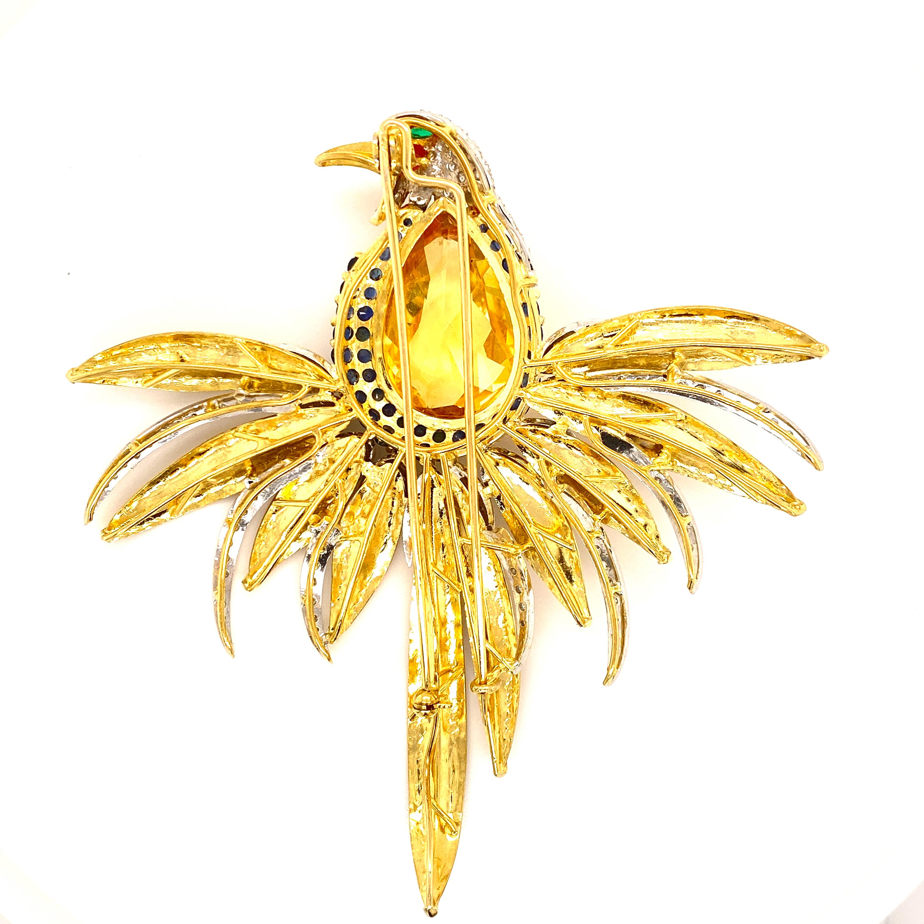 Pear Cut Diamond Citrine Sapphire Emerald Coral Bird Vintage Brooch Pin 18K Yellow Gold
