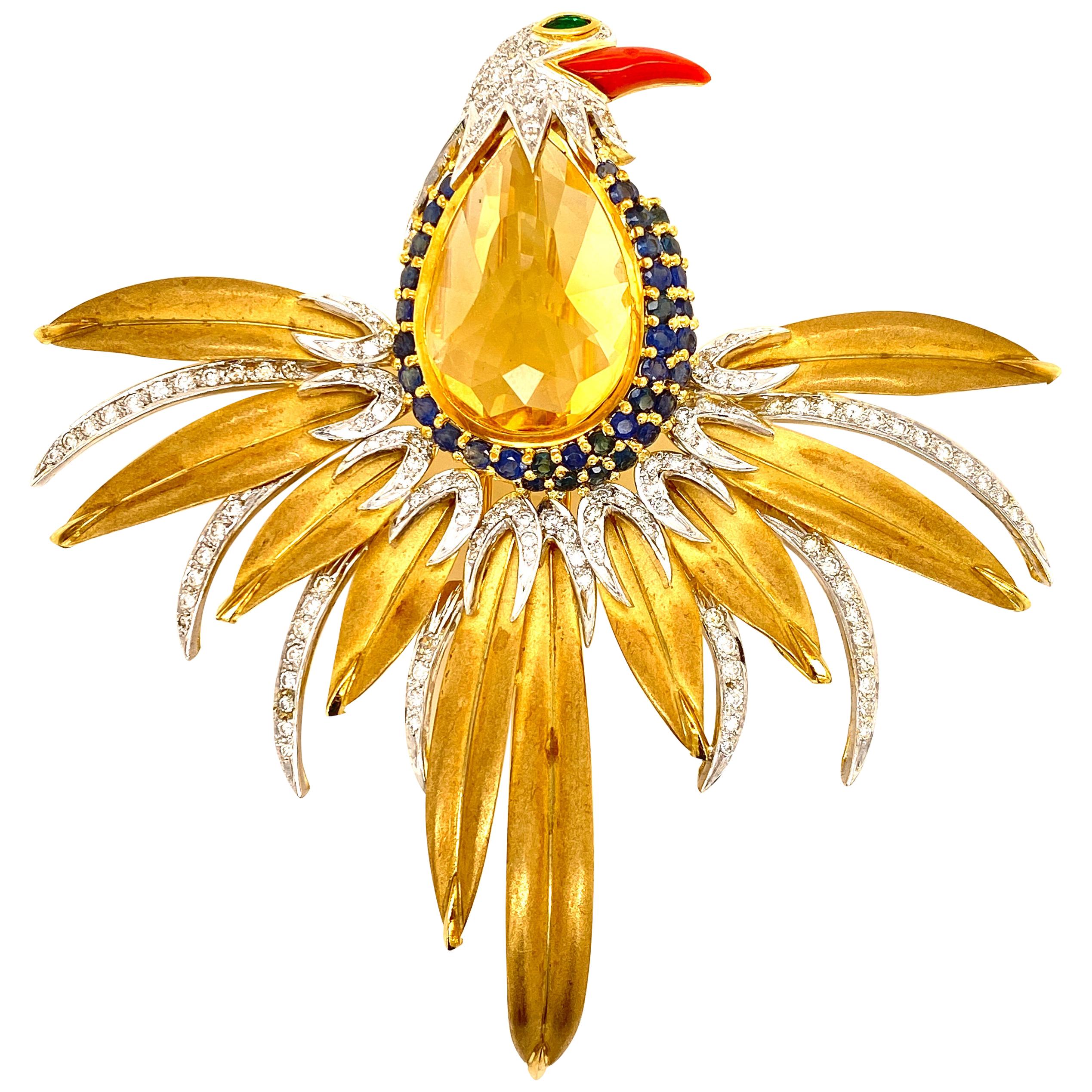 Diamond Citrine Sapphire Emerald Coral Bird Vintage Brooch Pin 18K Yellow Gold