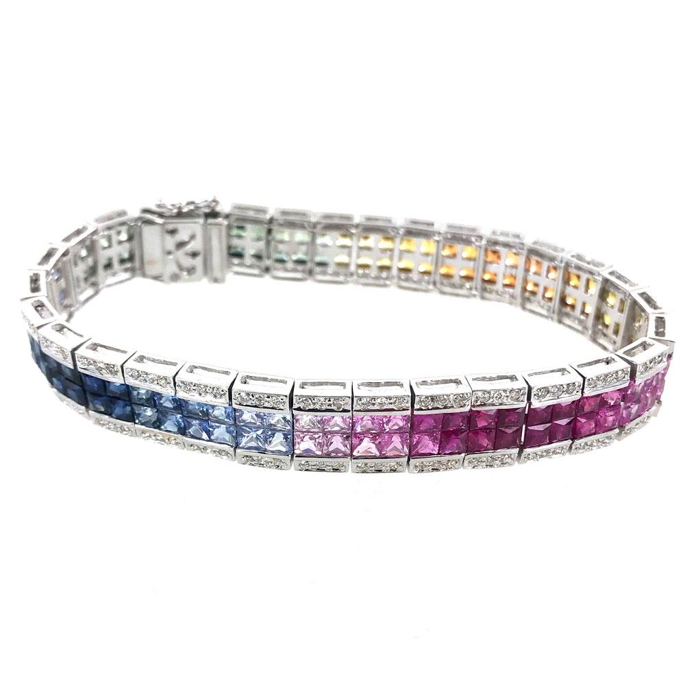 Modern Diamond Colorful Sapphire Rainbow White Gold Tennis Bracelet