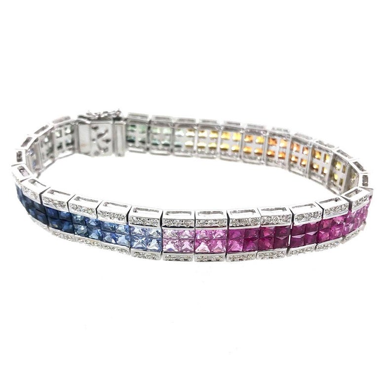 Diamond Colorful Sapphire Rainbow White Gold Tennis Bracelet at 1stDibs ...