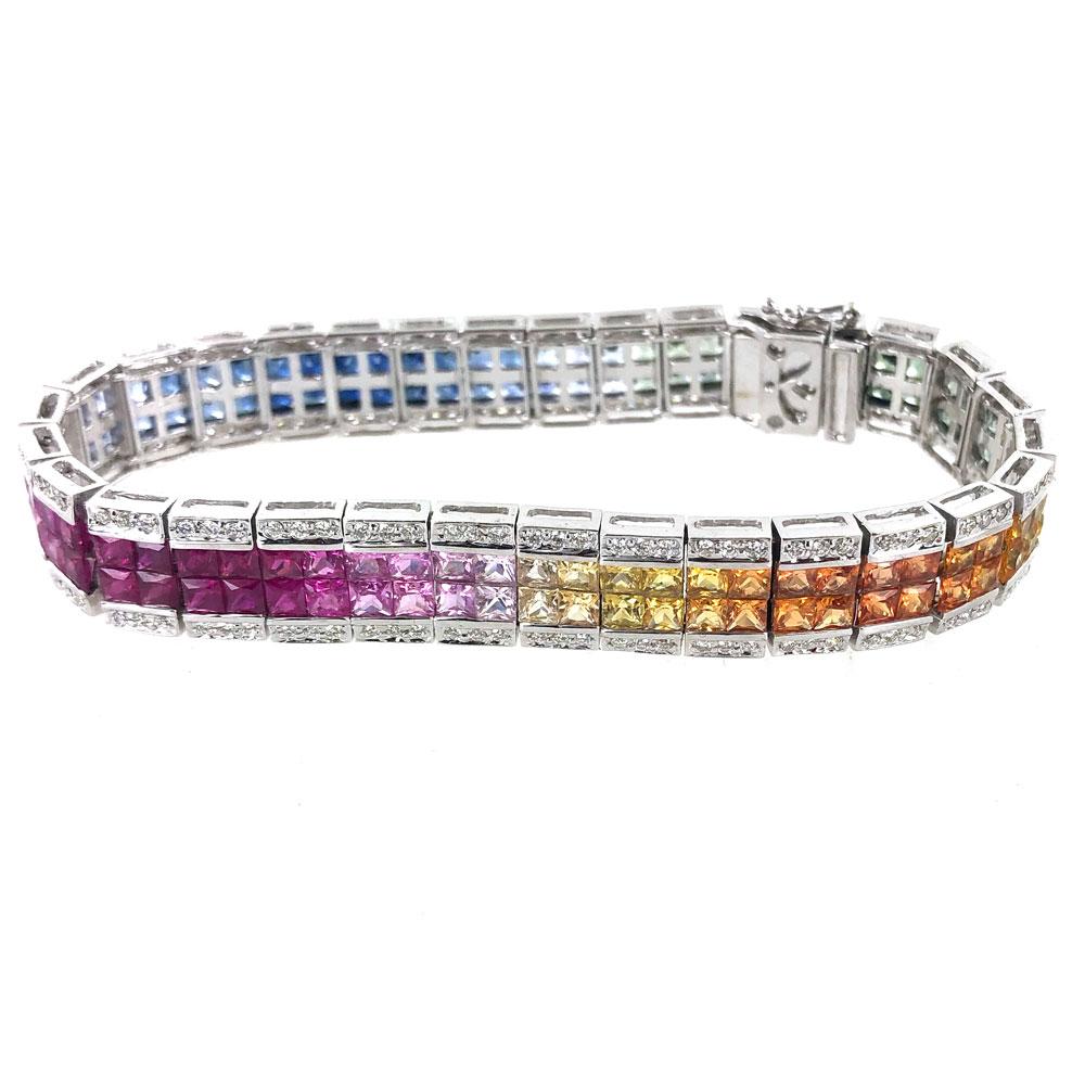 Princess Cut Diamond Colorful Sapphire Rainbow White Gold Tennis Bracelet